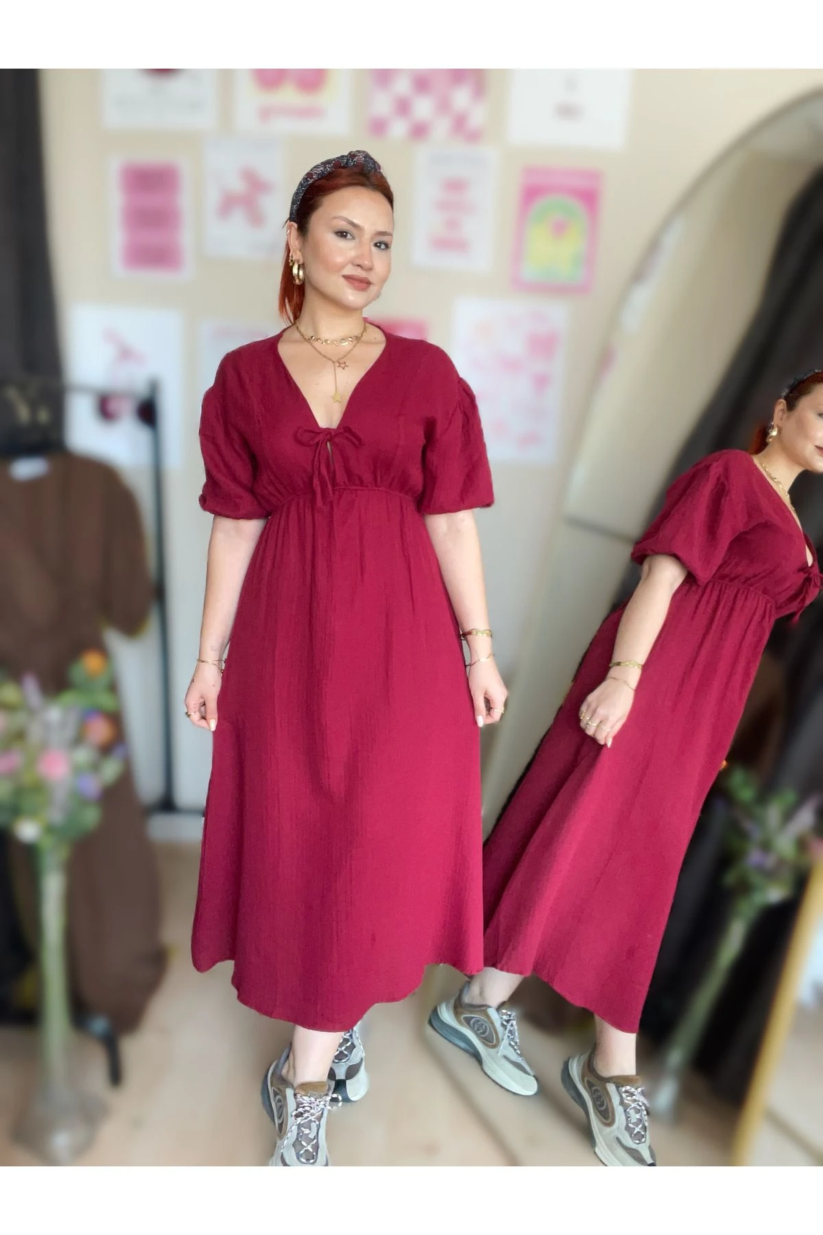 Müslin Kumaş Fiyonklu Elbise - bordo