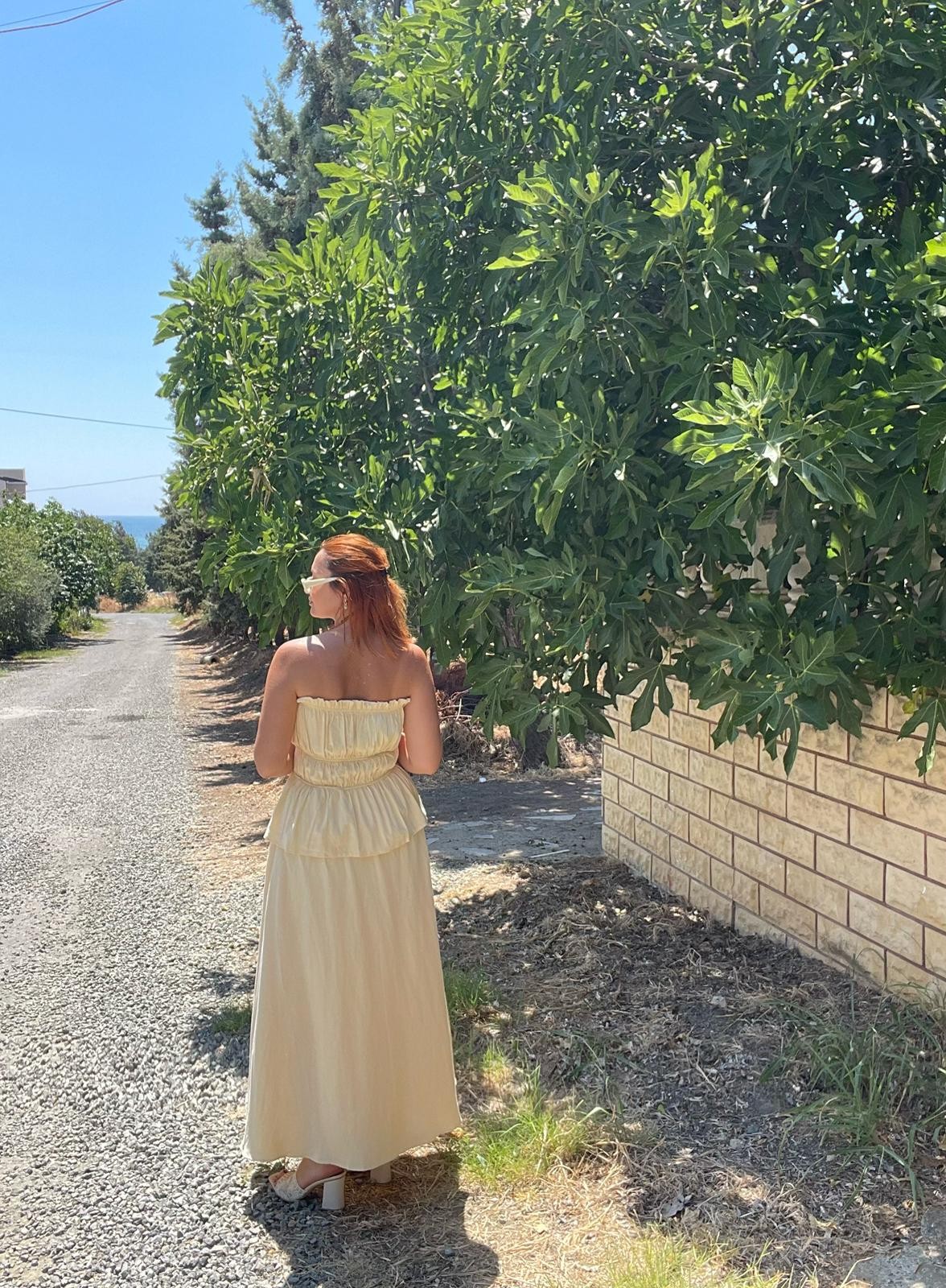 Butter Yellow Straplez Bluz Etek Keten Takım