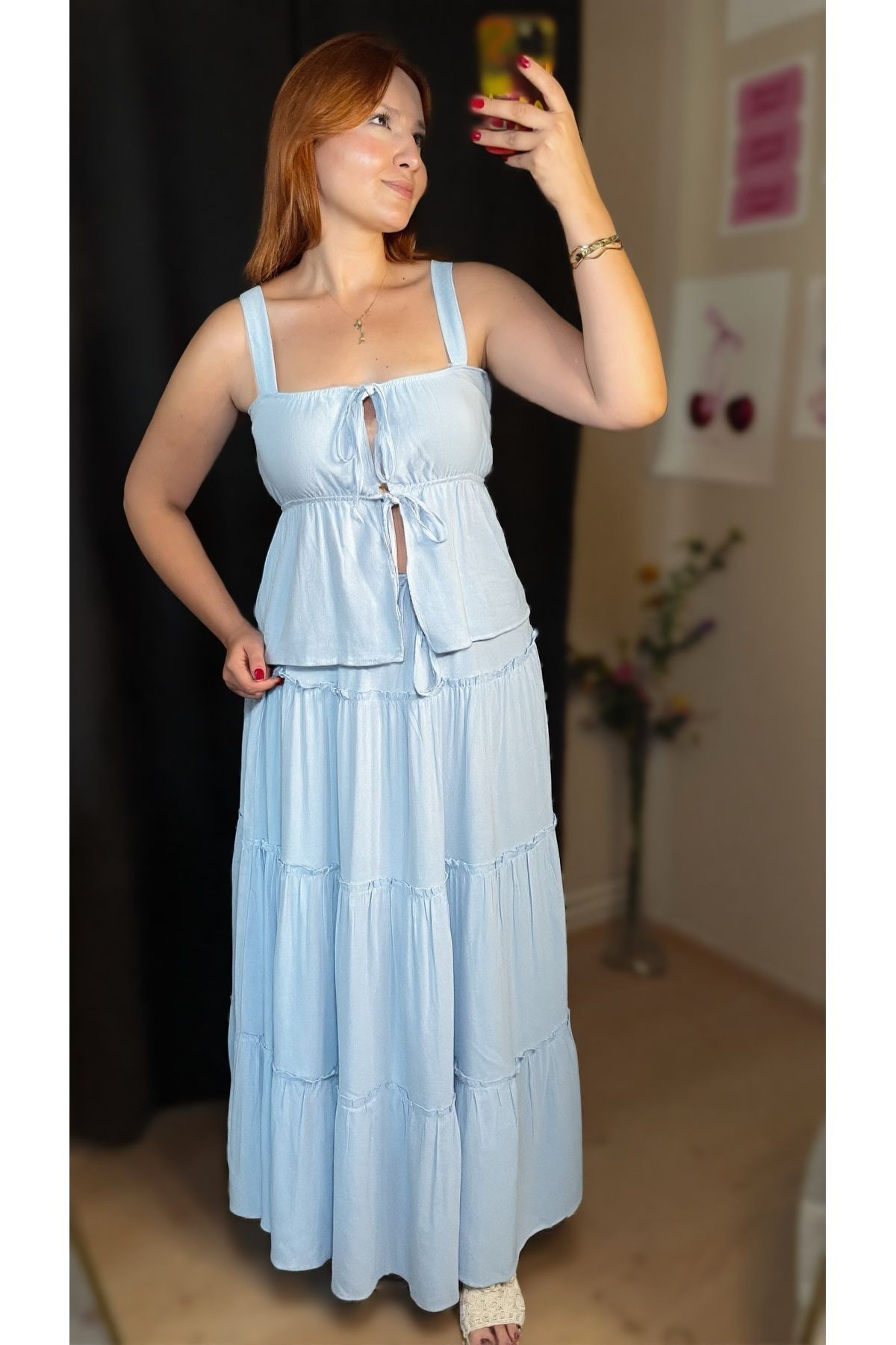 Bebe Mavisi Bağlama Detaylı Bluz Etek Takım