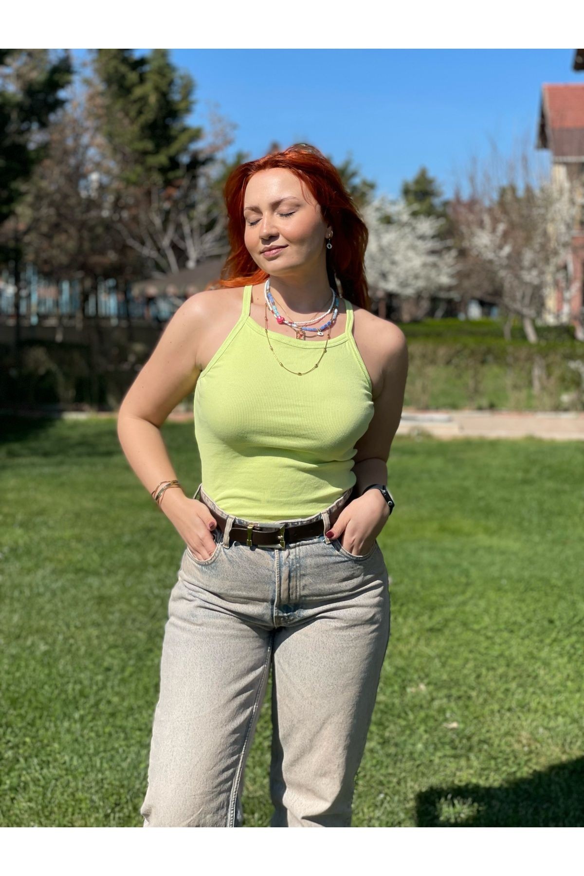 Fitilli Askılı Tshirt - yeşil