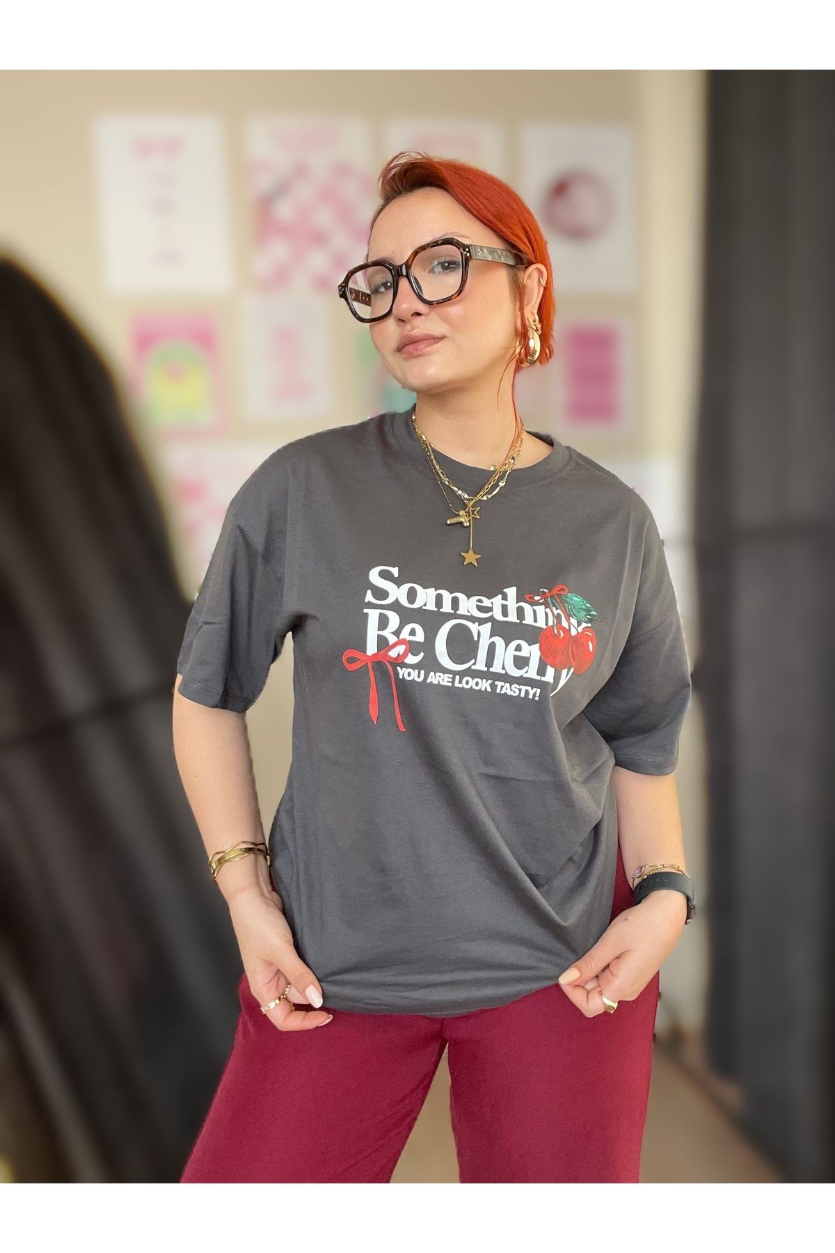 Oversize Kiraz Desenli Tshirt