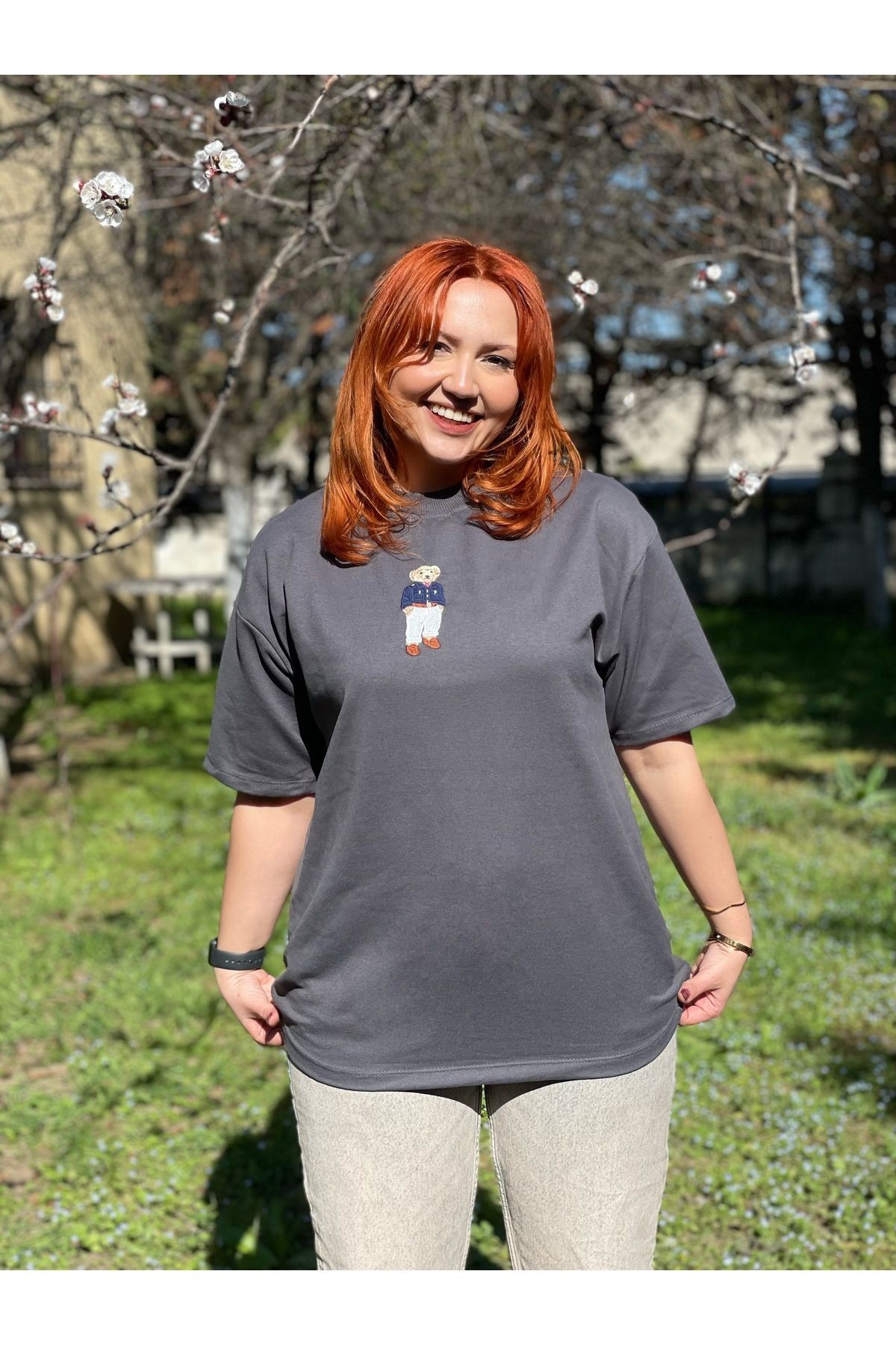 Antrasit Ayıcık Nakışlı Oversize Tshirt