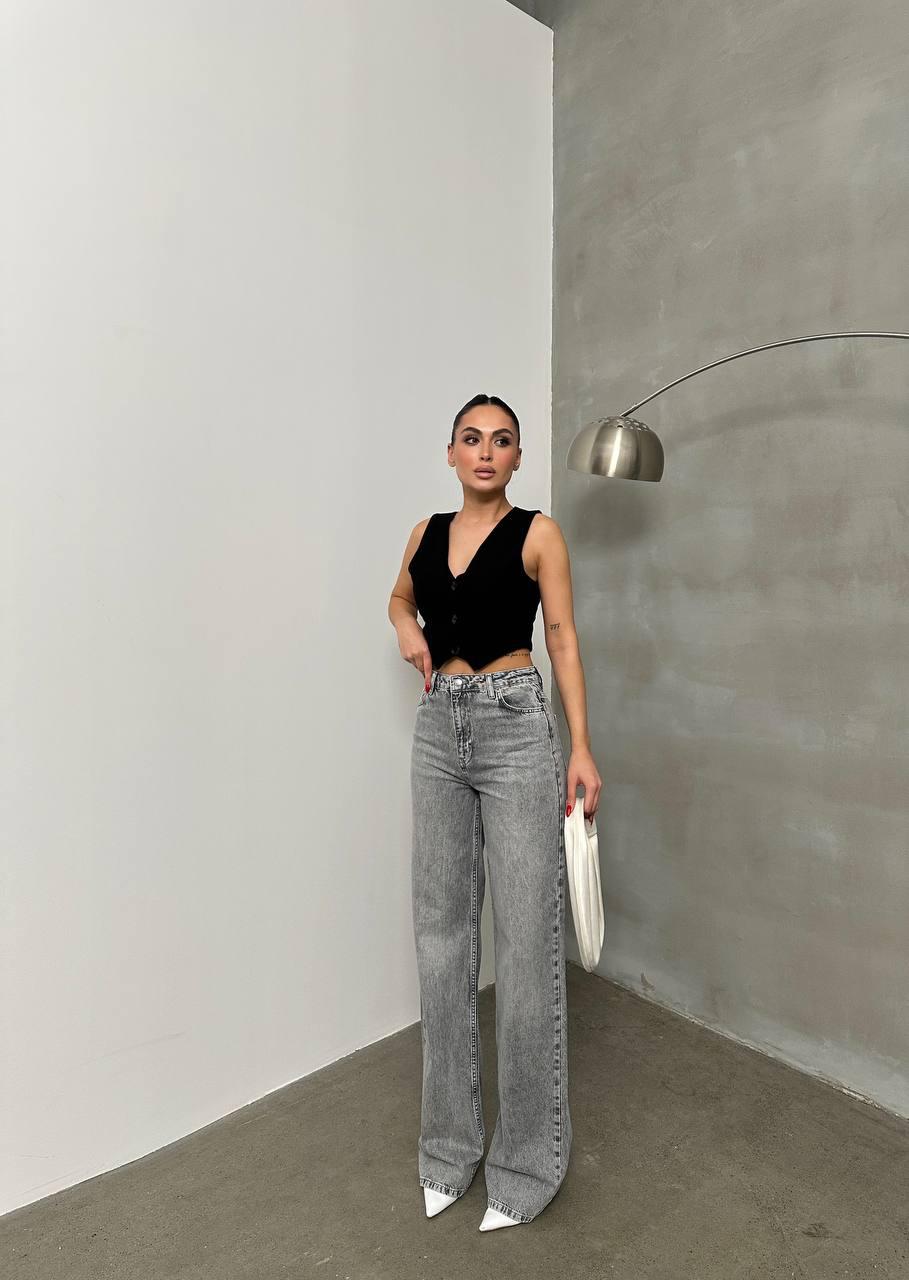 Yüksek Bel Açık Gri Wide Leg Jean