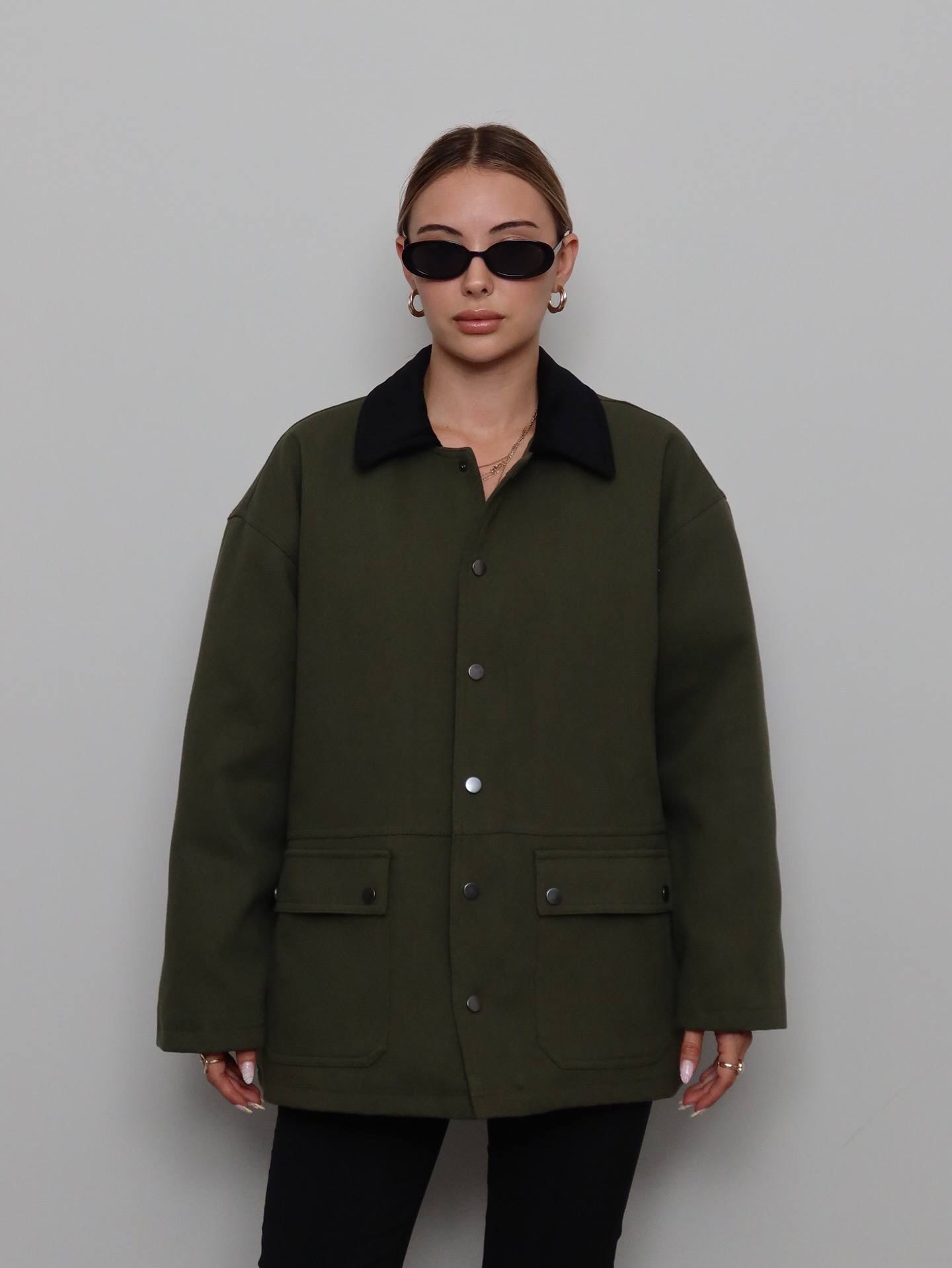 Gabardin Süet Yaka Kapitone Ceket - HAKİ