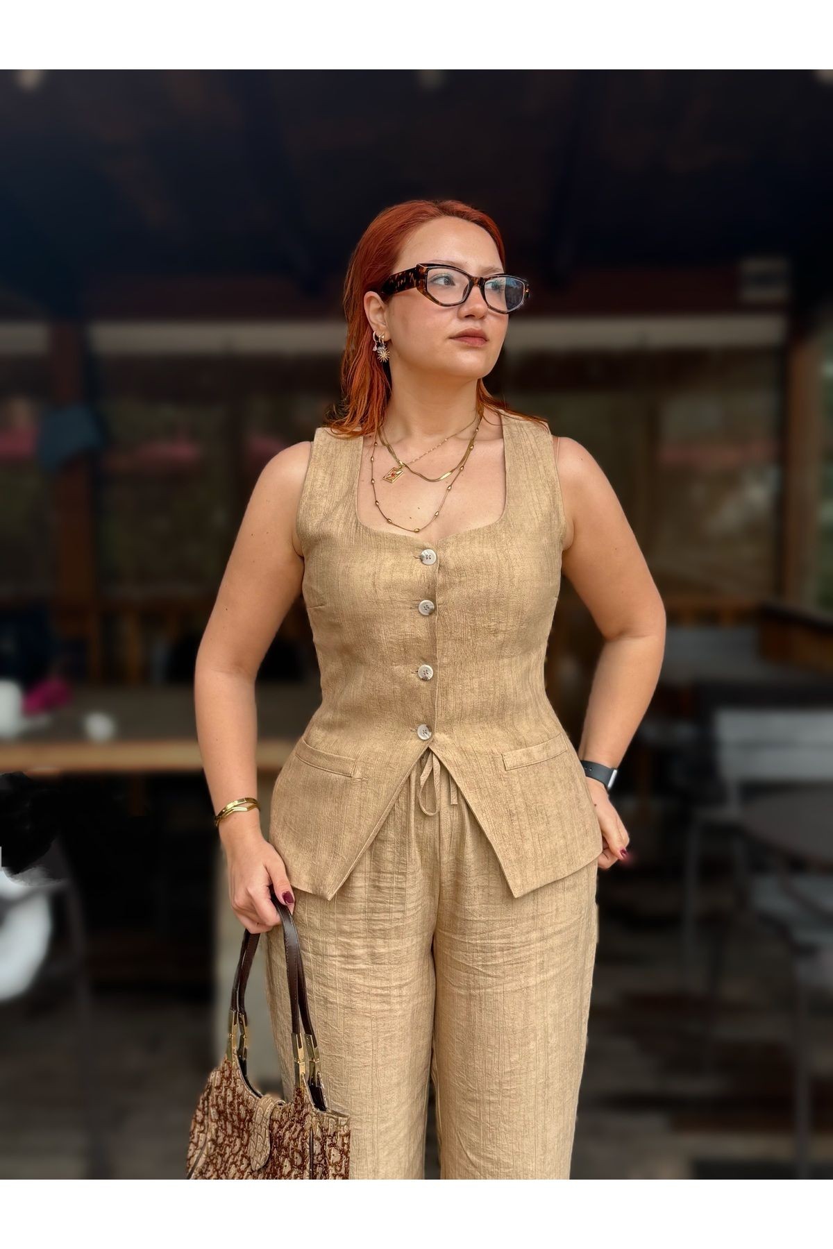 Kuşak Detaylı Kadın Yelek Pantolon Alt Üst Takım