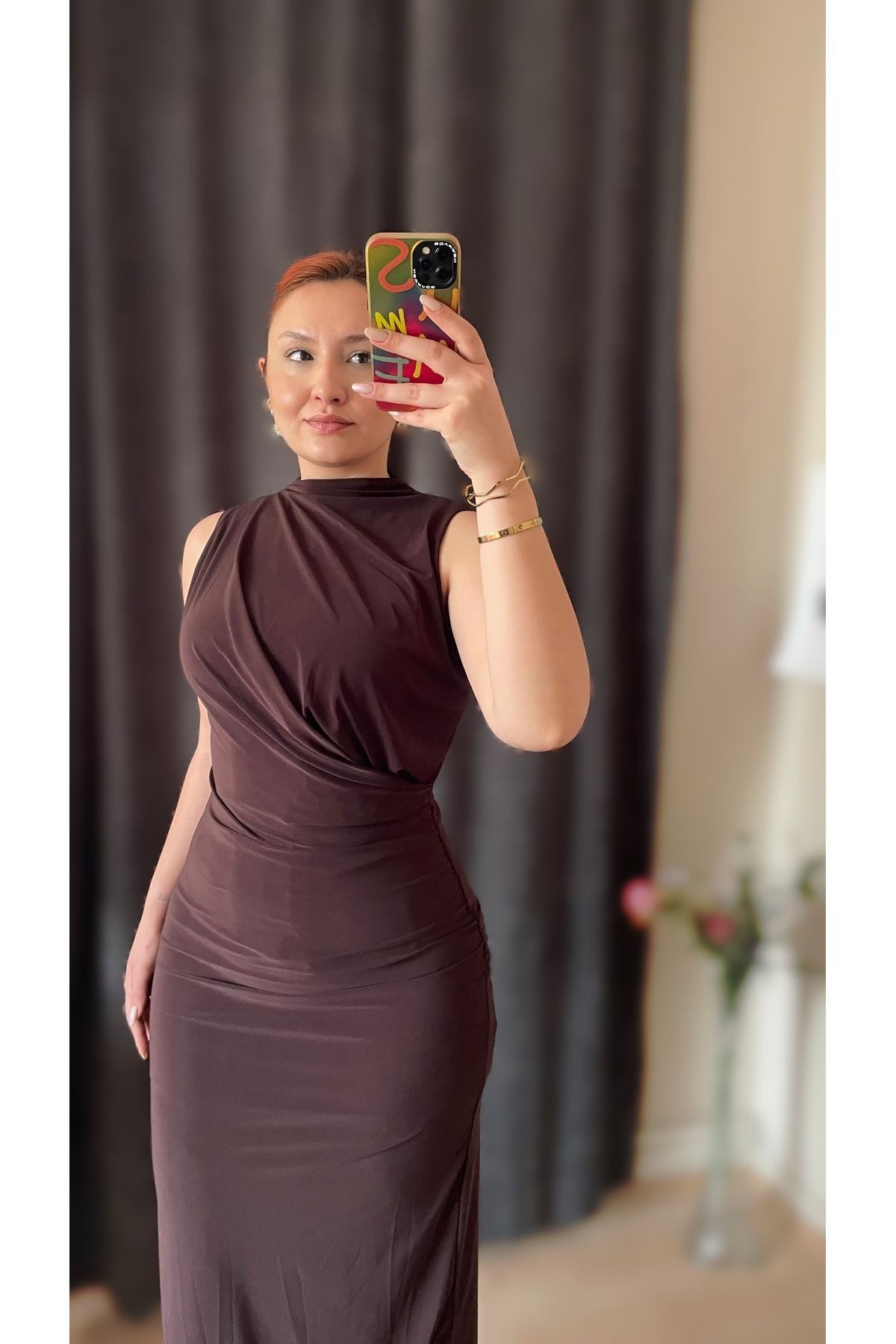 Drape Yaka Yırtmaçlı Astarlı Elbise