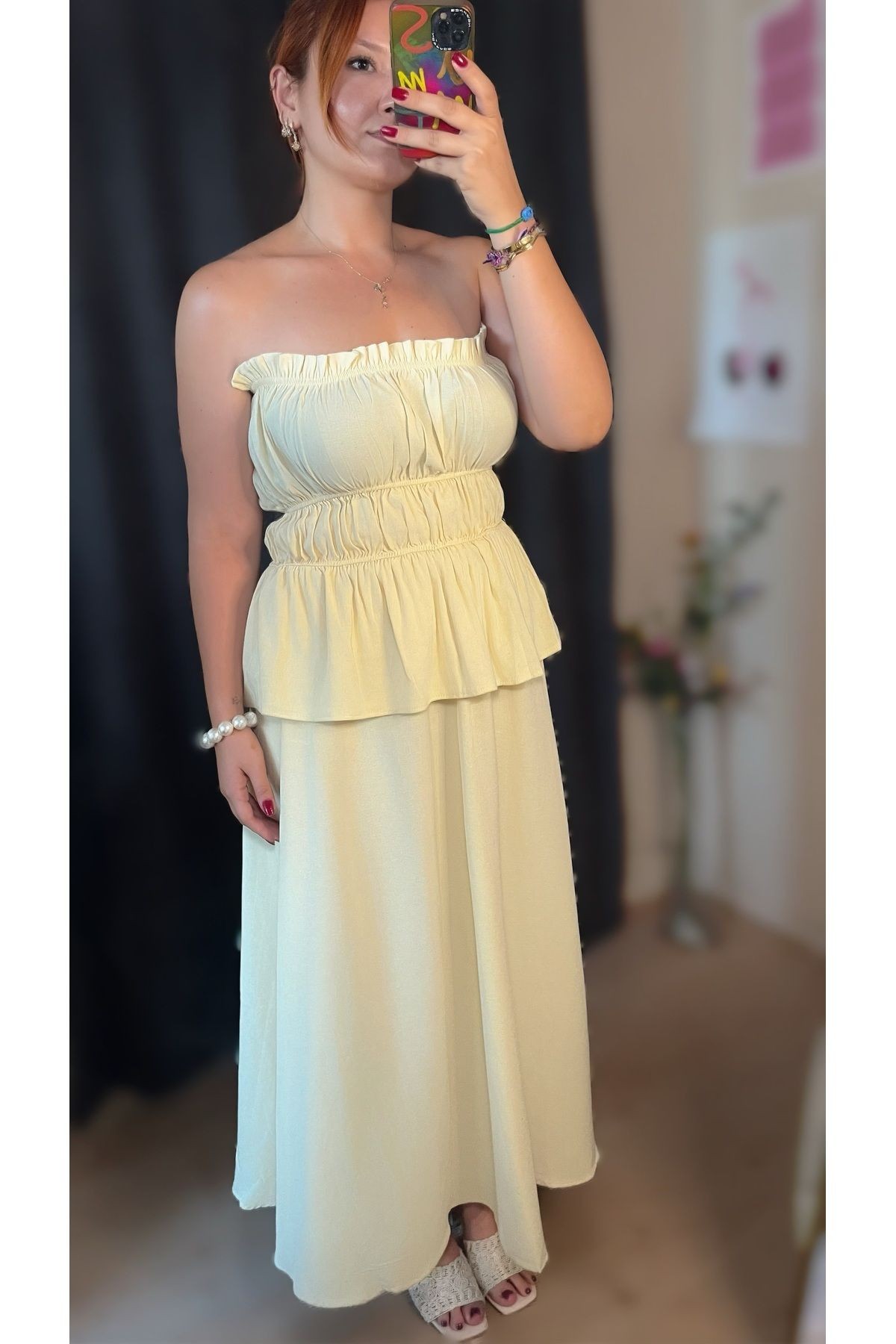 Butter Yellow Straplez Bluz Etek Keten Takım