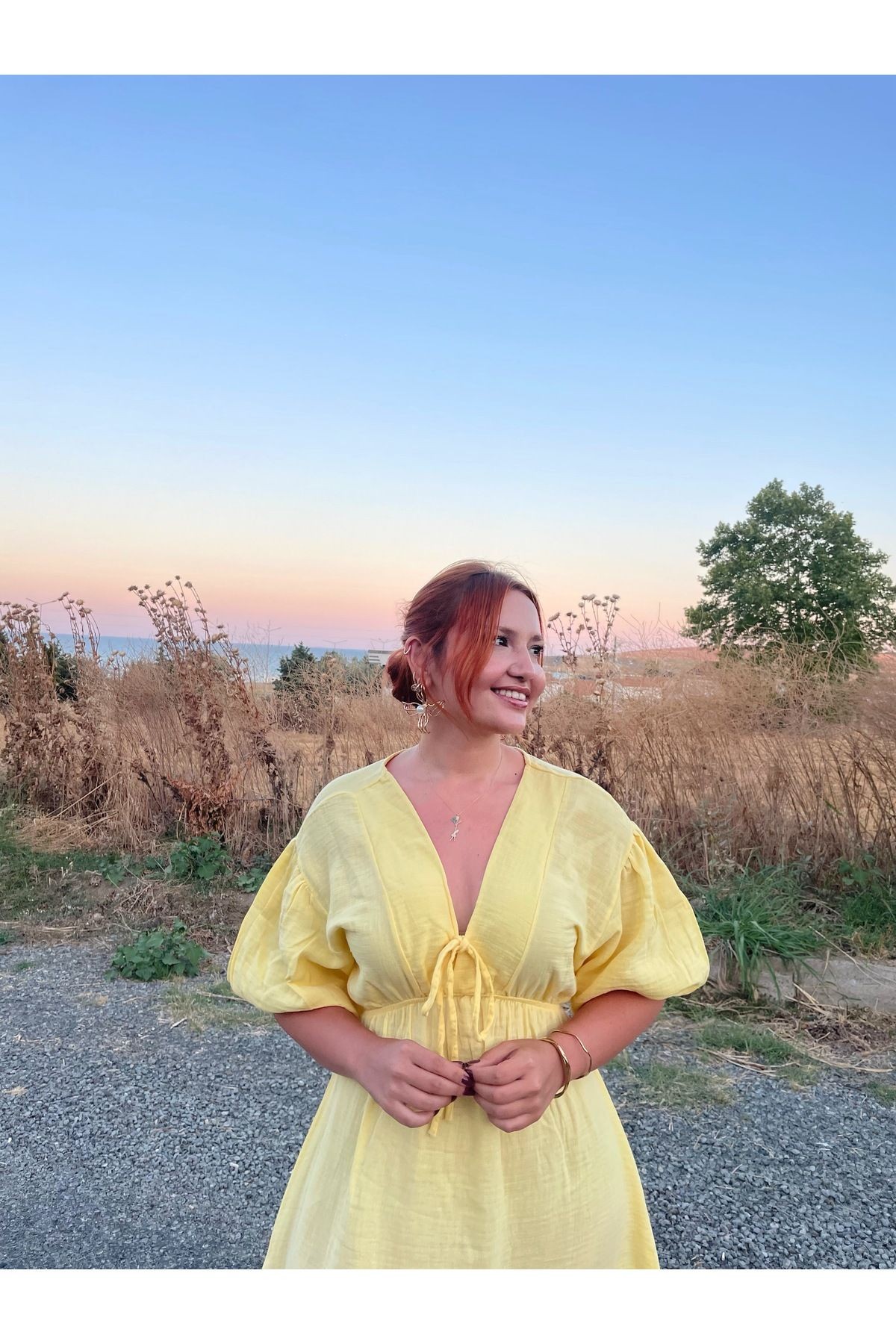 Butter Yellow Müslin Fiyonk Detaylı Elbise