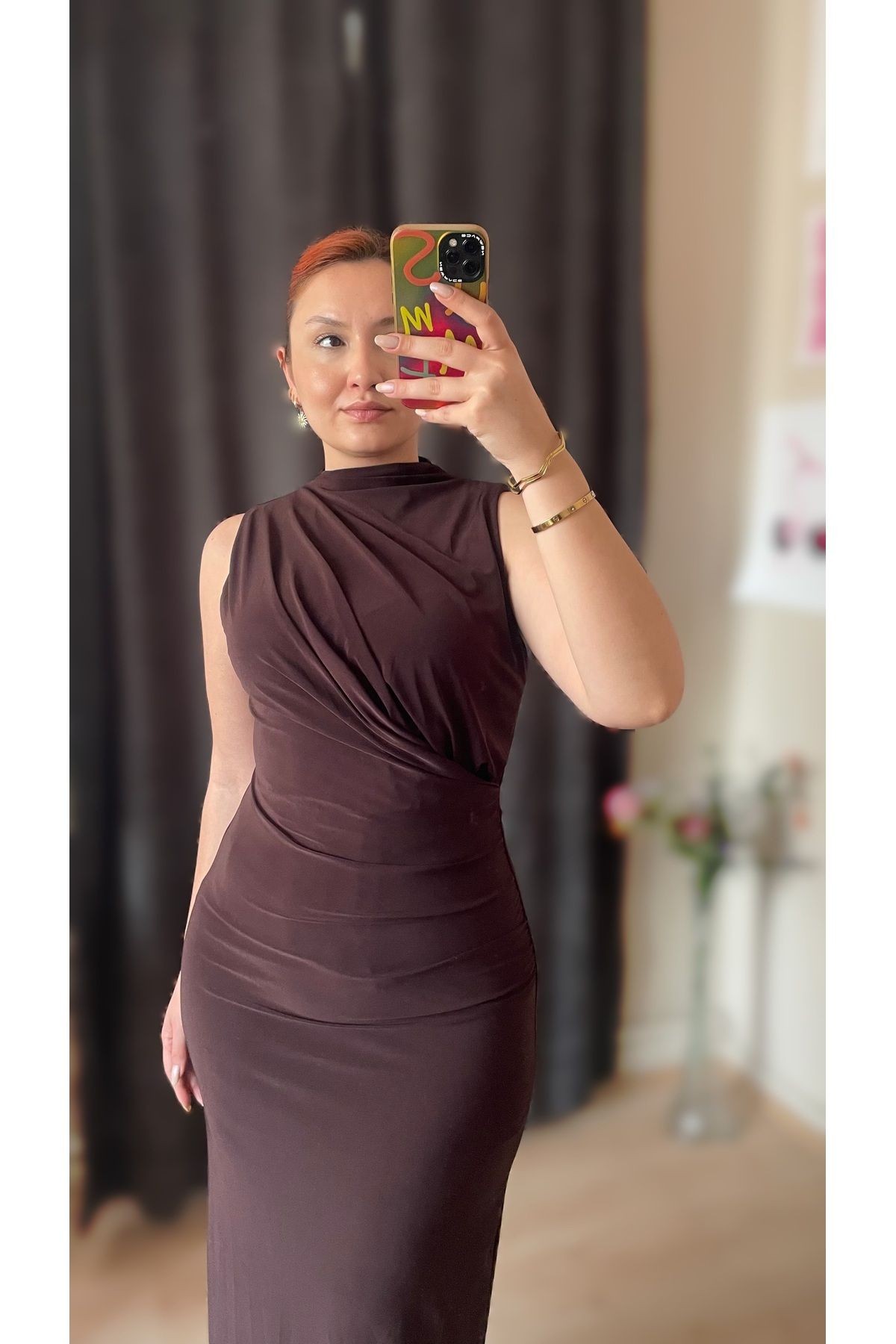 Drape Yaka Yırtmaçlı Astarlı Elbise