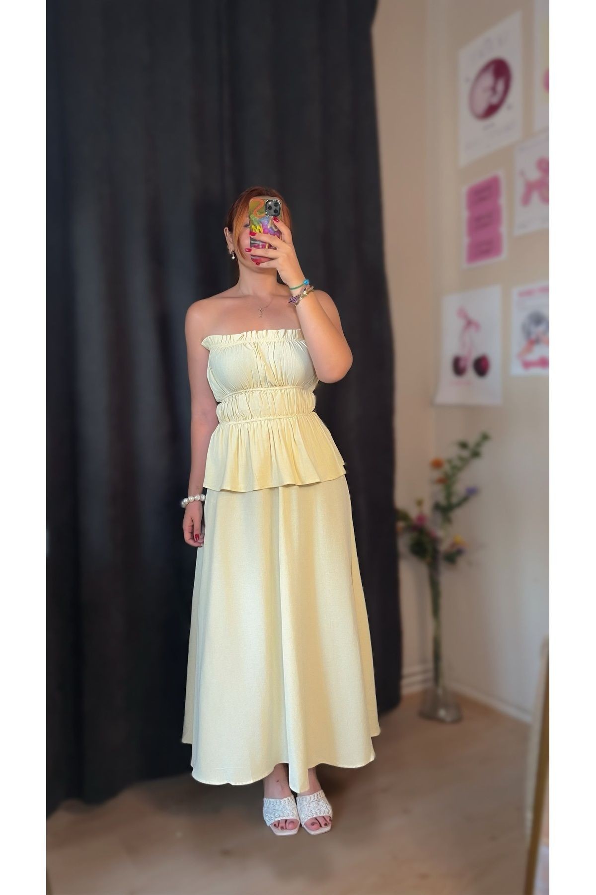 Butter Yellow Straplez Bluz Etek Keten Takım
