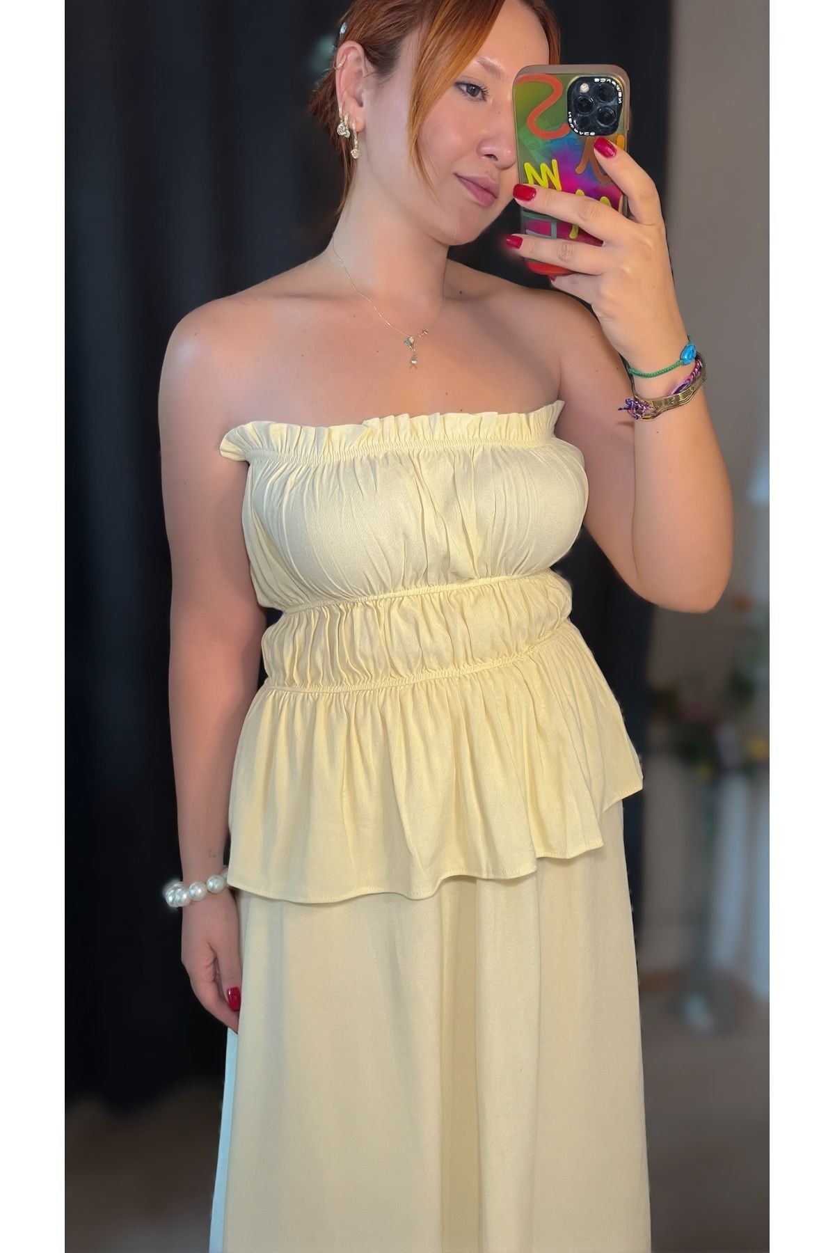 Butter Yellow Straplez Bluz Etek Keten Takım