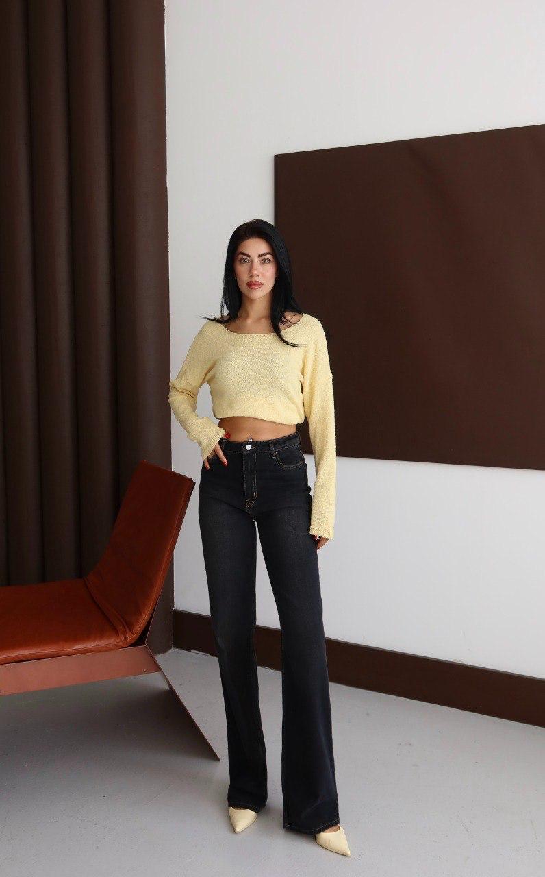 Yüksek Bel Wide Leg Siyah Yıkama Detaylı Jean