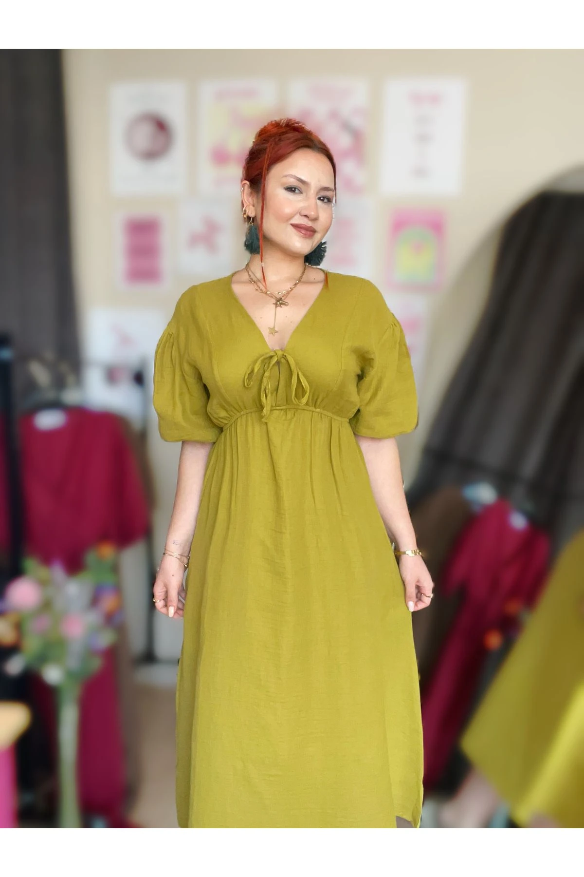 Müslin Kumaş Fiyonklu Elbise - yeşil