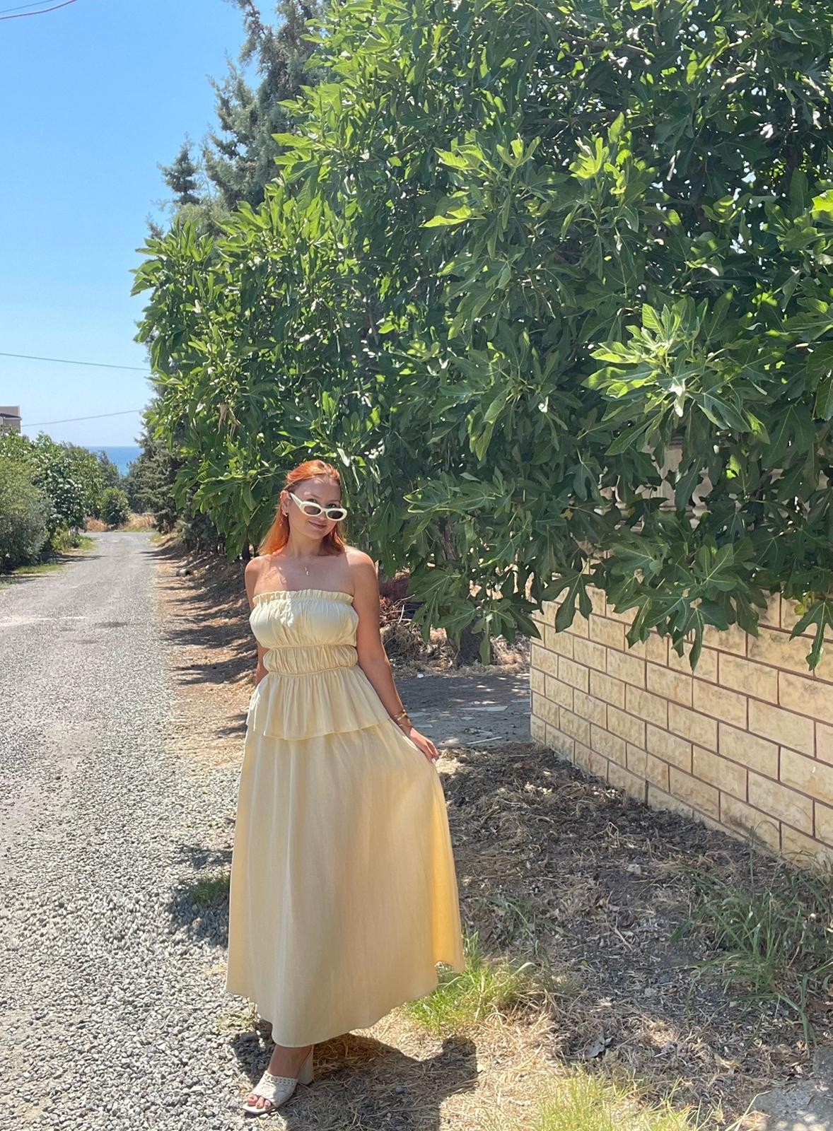 Butter Yellow Straplez Bluz Etek Keten Takım