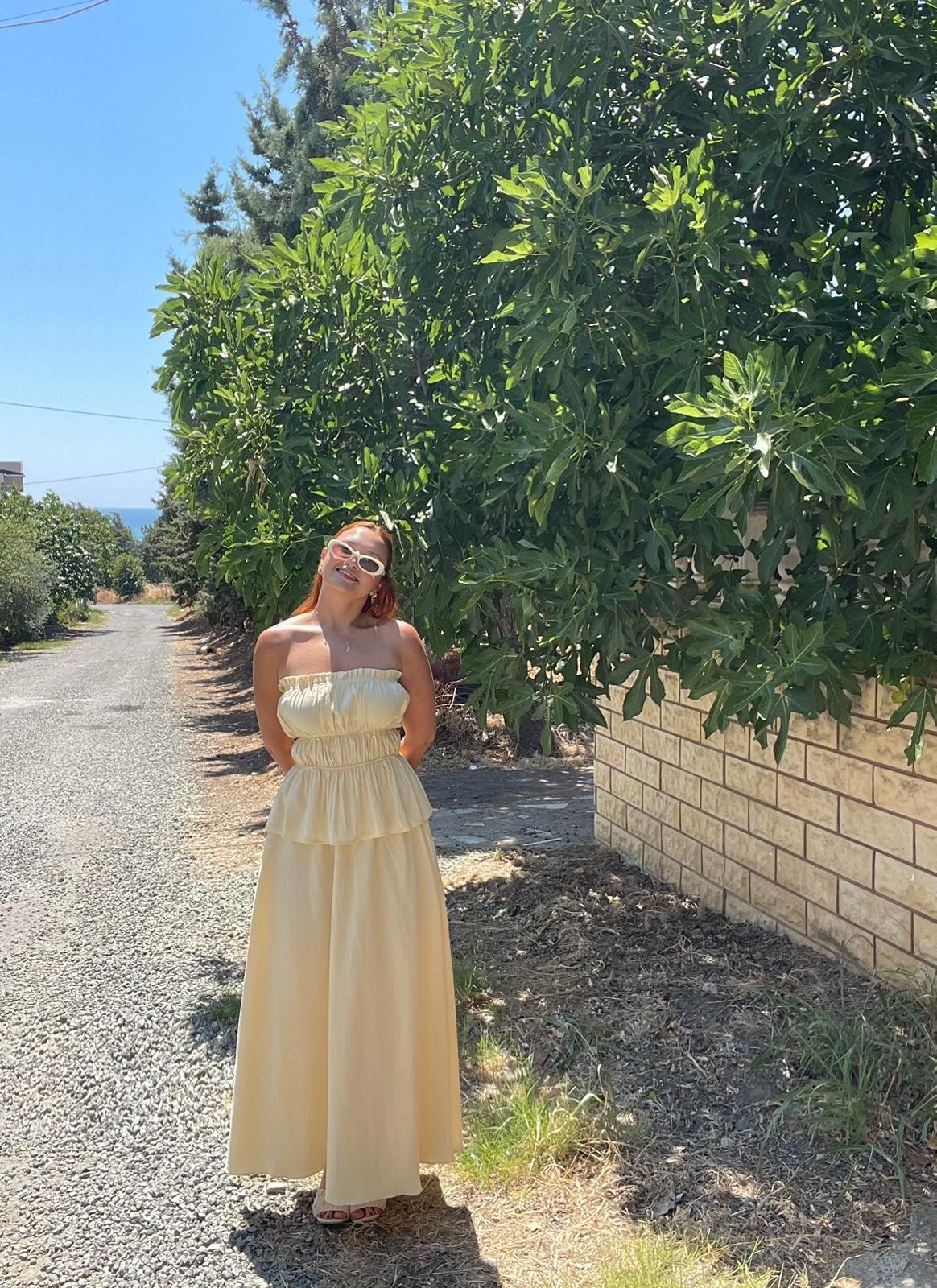 Butter Yellow Straplez Bluz Etek Keten Takım