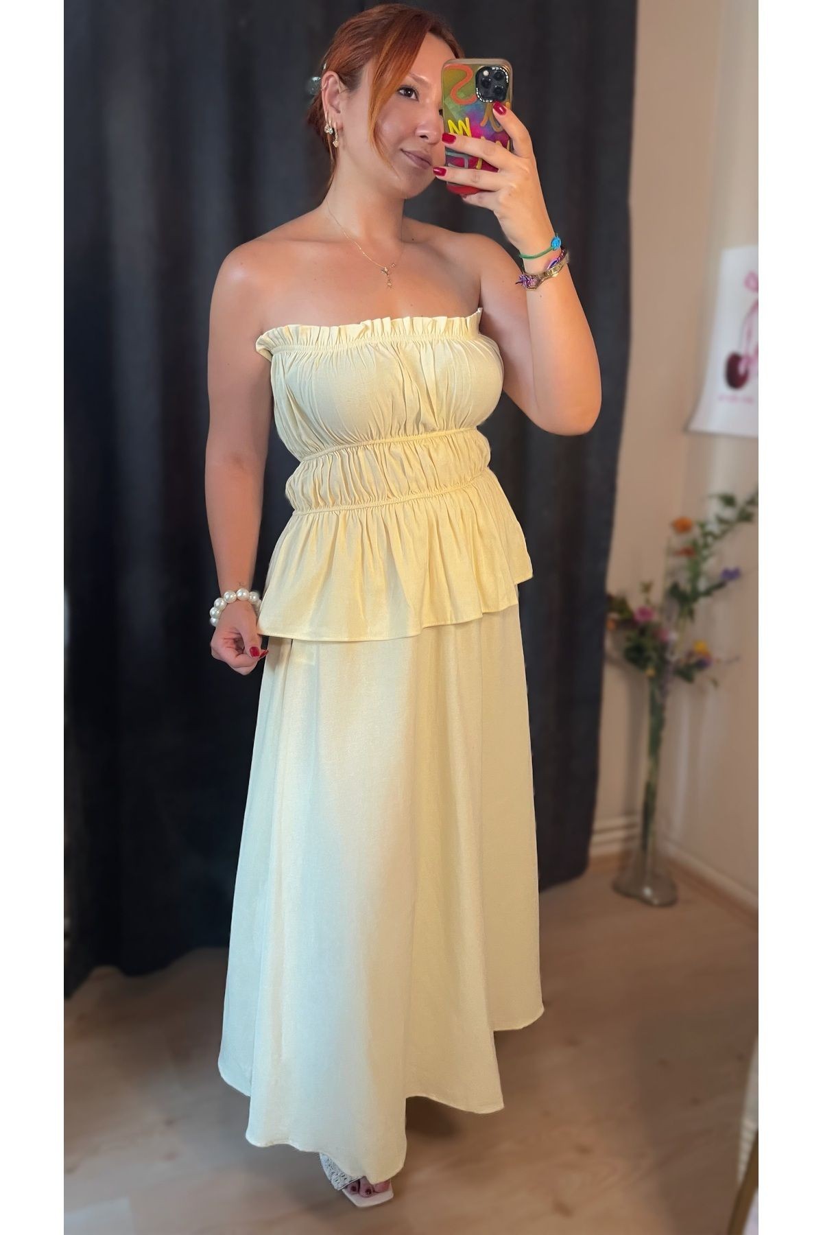 Butter Yellow Straplez Bluz Etek Keten Takım