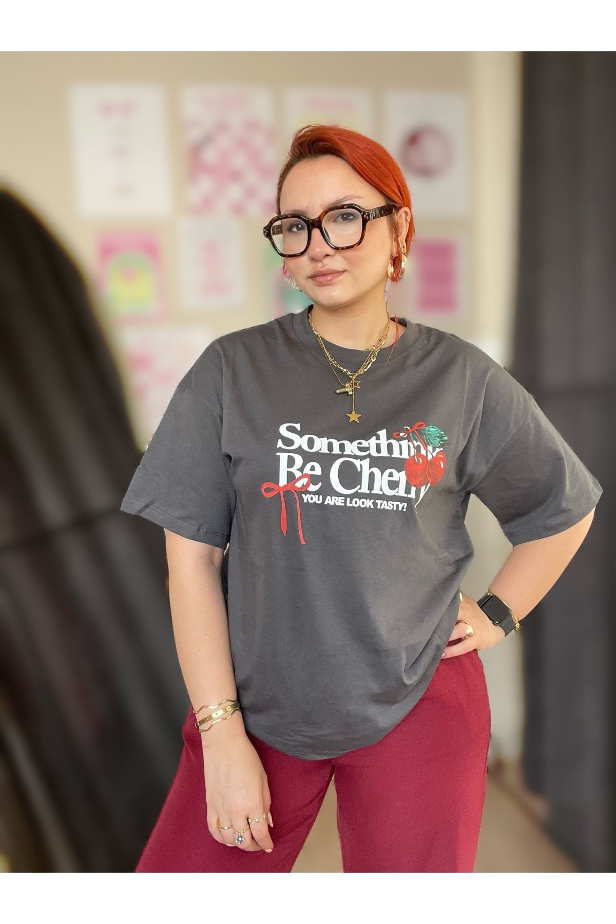 Oversize Kiraz Desenli Tshirt
