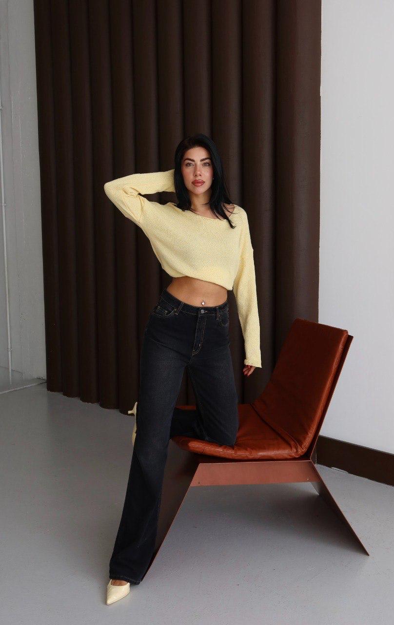 Yüksek Bel Wide Leg Siyah Yıkama Detaylı Jean
