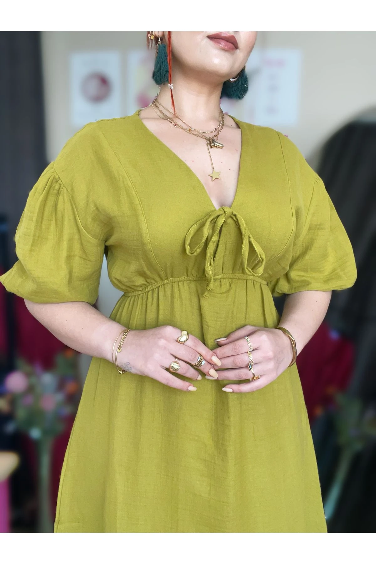 Müslin Kumaş Fiyonklu Elbise