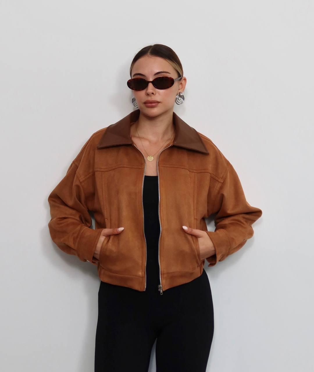 Suni Deri Yaka Süet Bomber Ceket - Camel