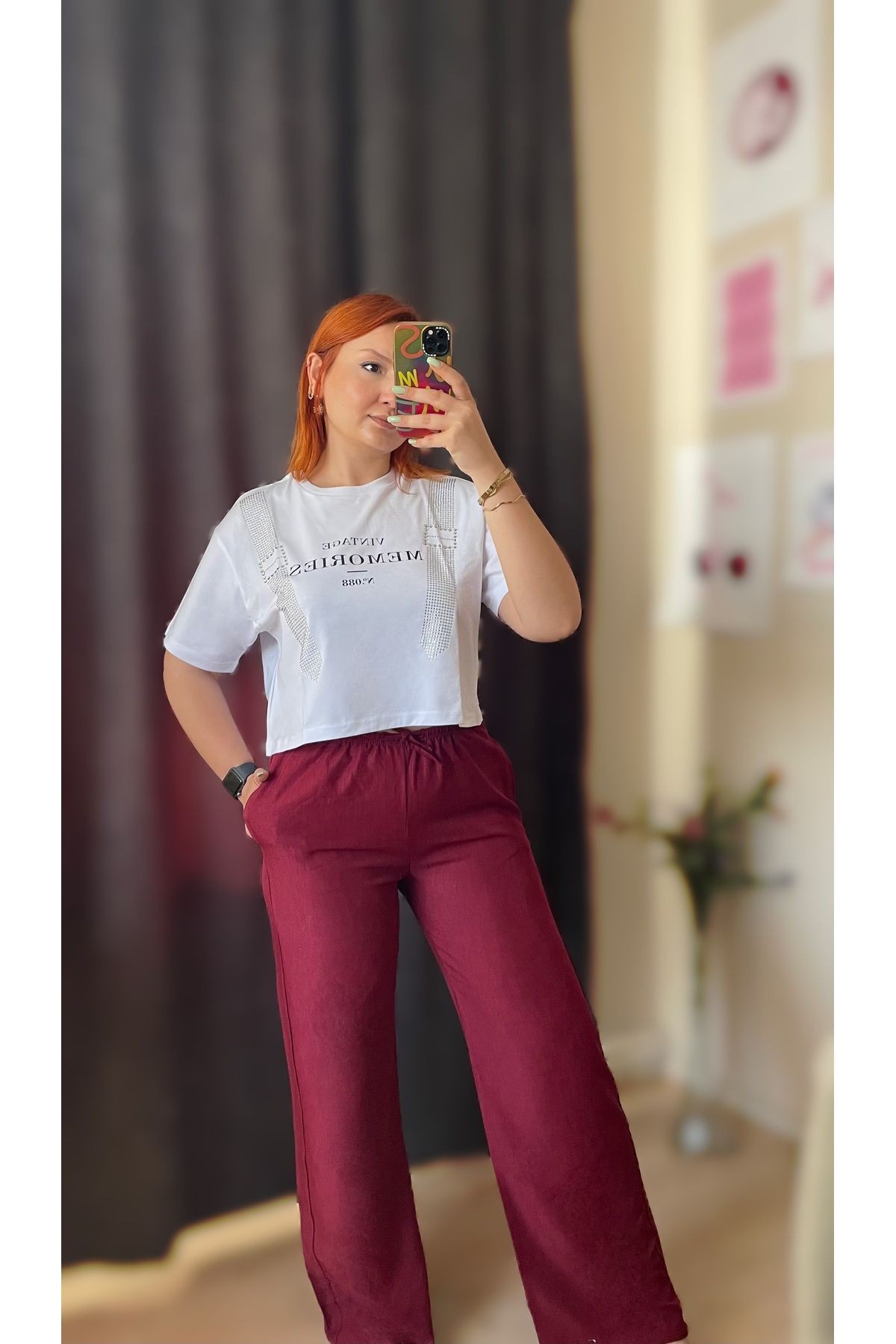 Taş işlemeli baskılı tshirt