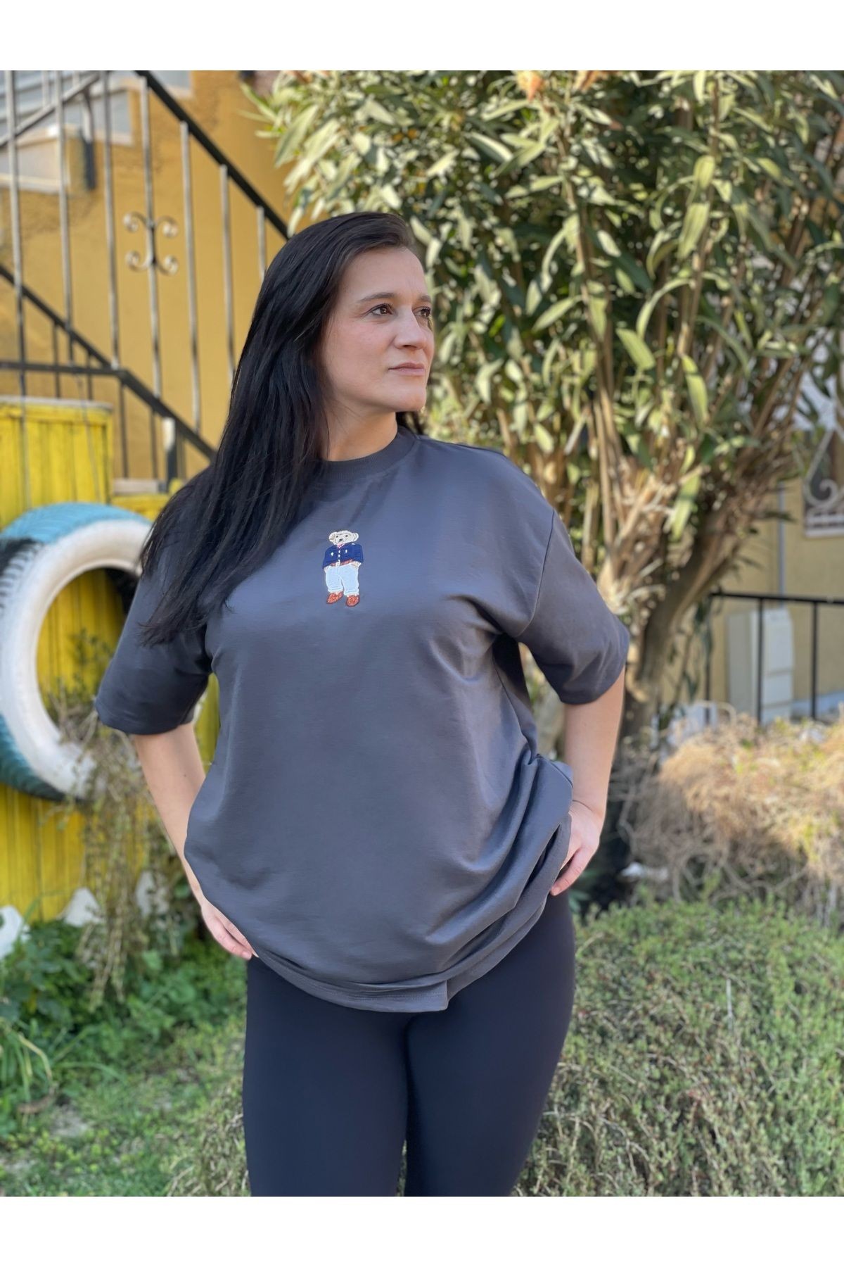 Antrasit Ayıcık Nakışlı Oversize Tshirt
