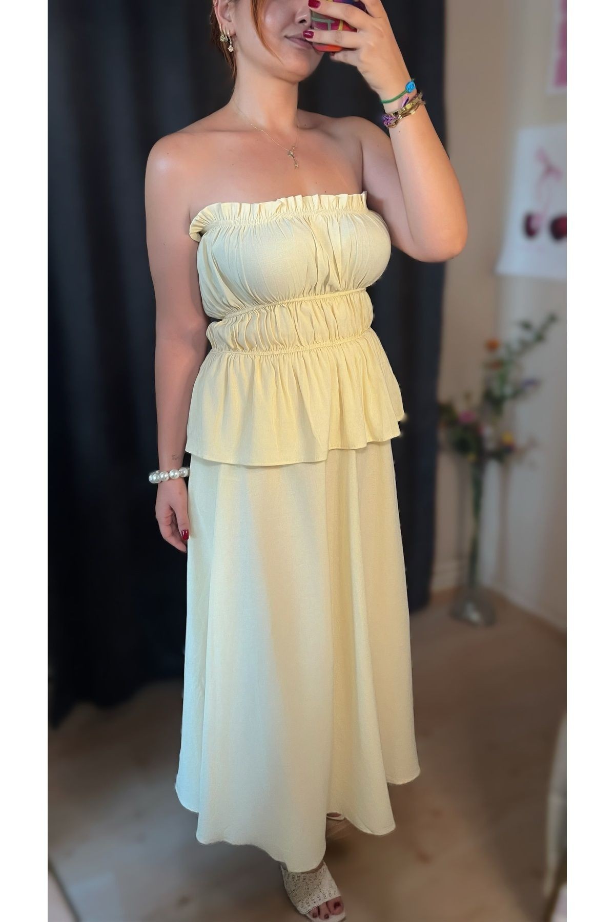 Butter Yellow Straplez Bluz Etek Keten Takım