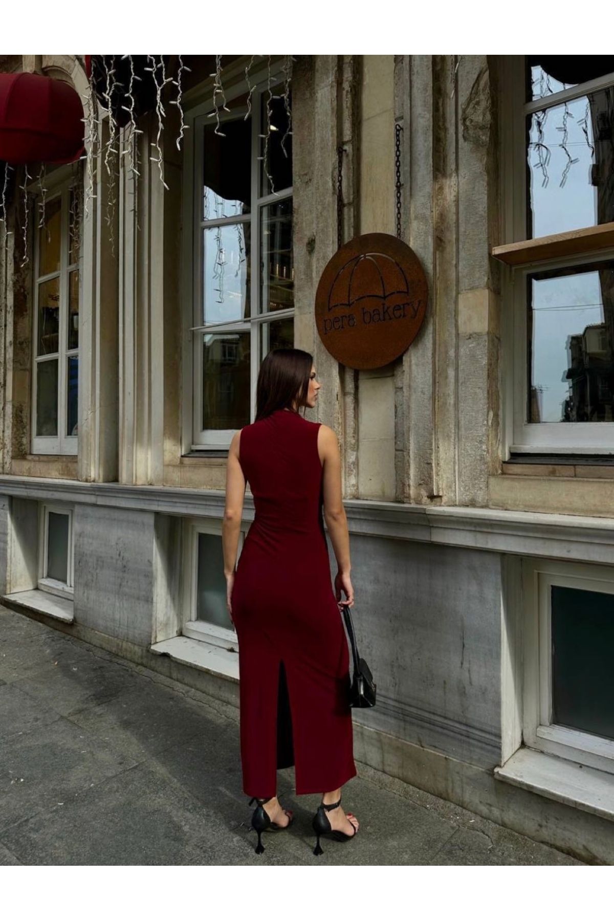 Drape Yaka Yırtmaçlı Astarlı Elbise