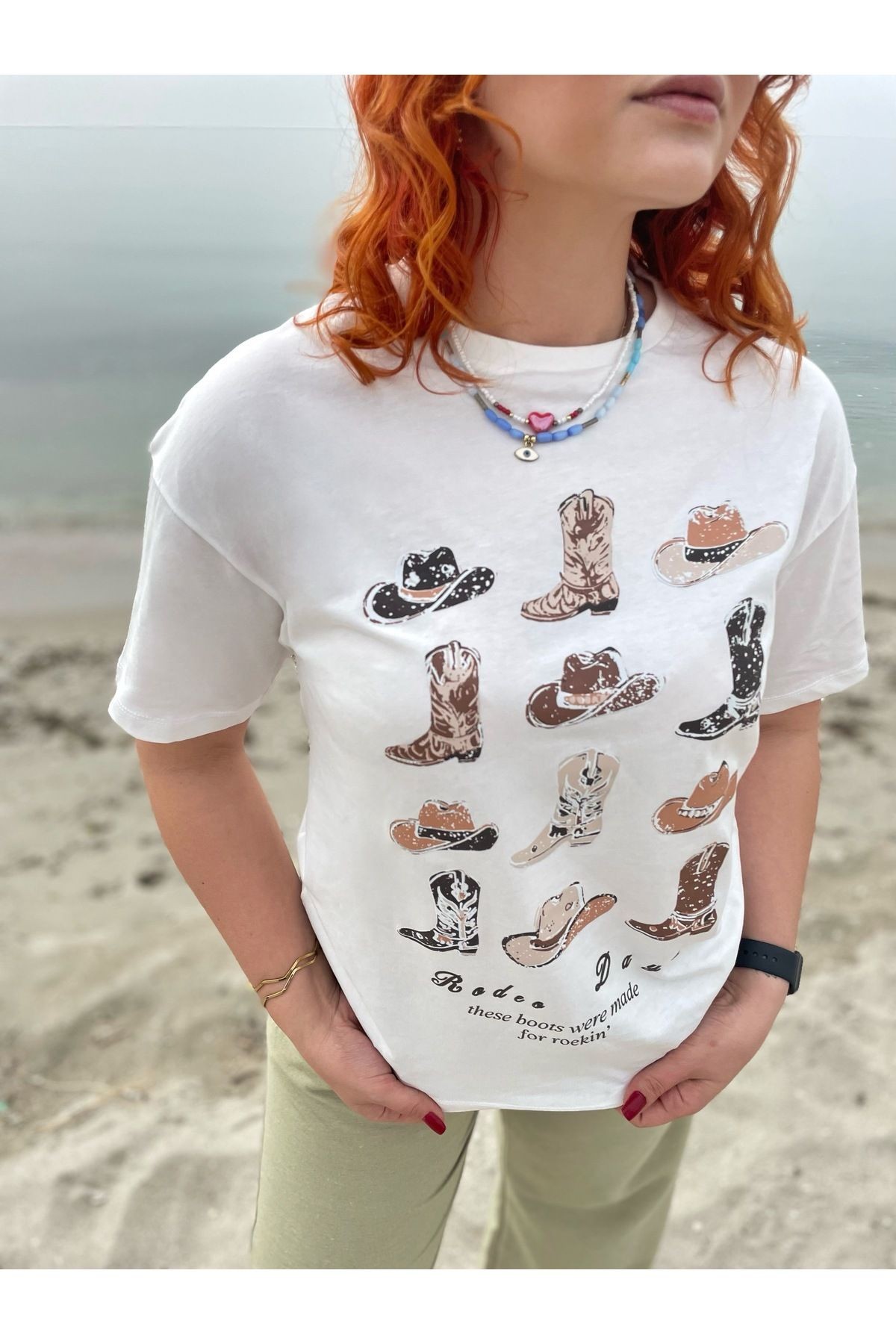 Oversize Kovboy Desenli Baskılı Tshirt