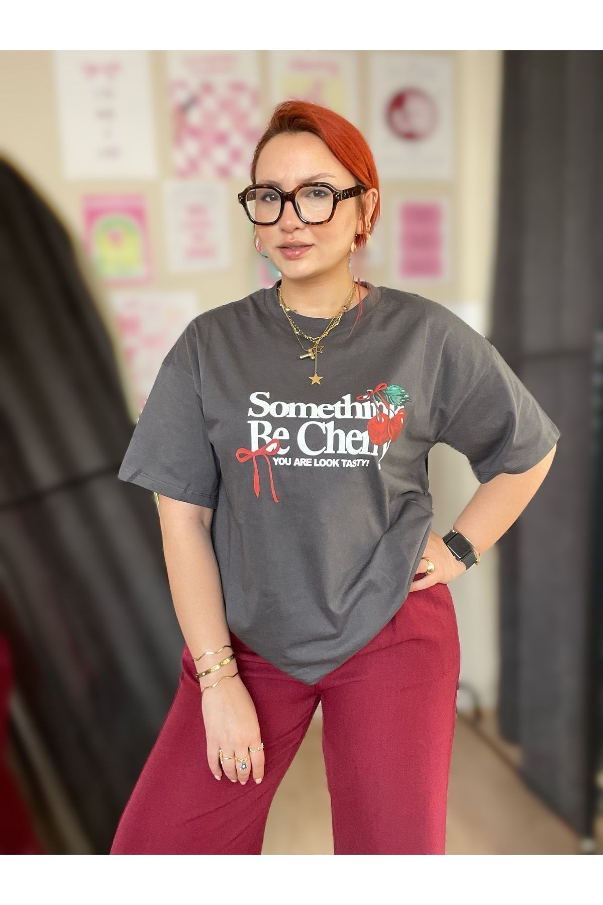Oversize Kiraz Desenli Tshirt