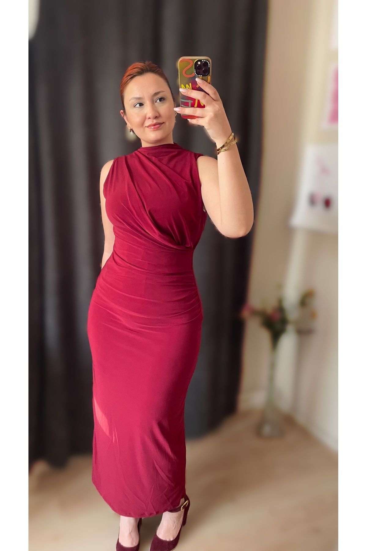 Drape Yaka Yırtmaçlı Astarlı Elbise