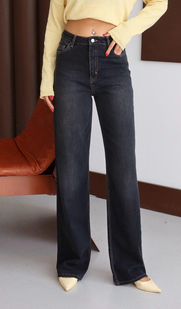 Yüksek Bel Wide Leg Siyah Yıkama Detaylı Jean