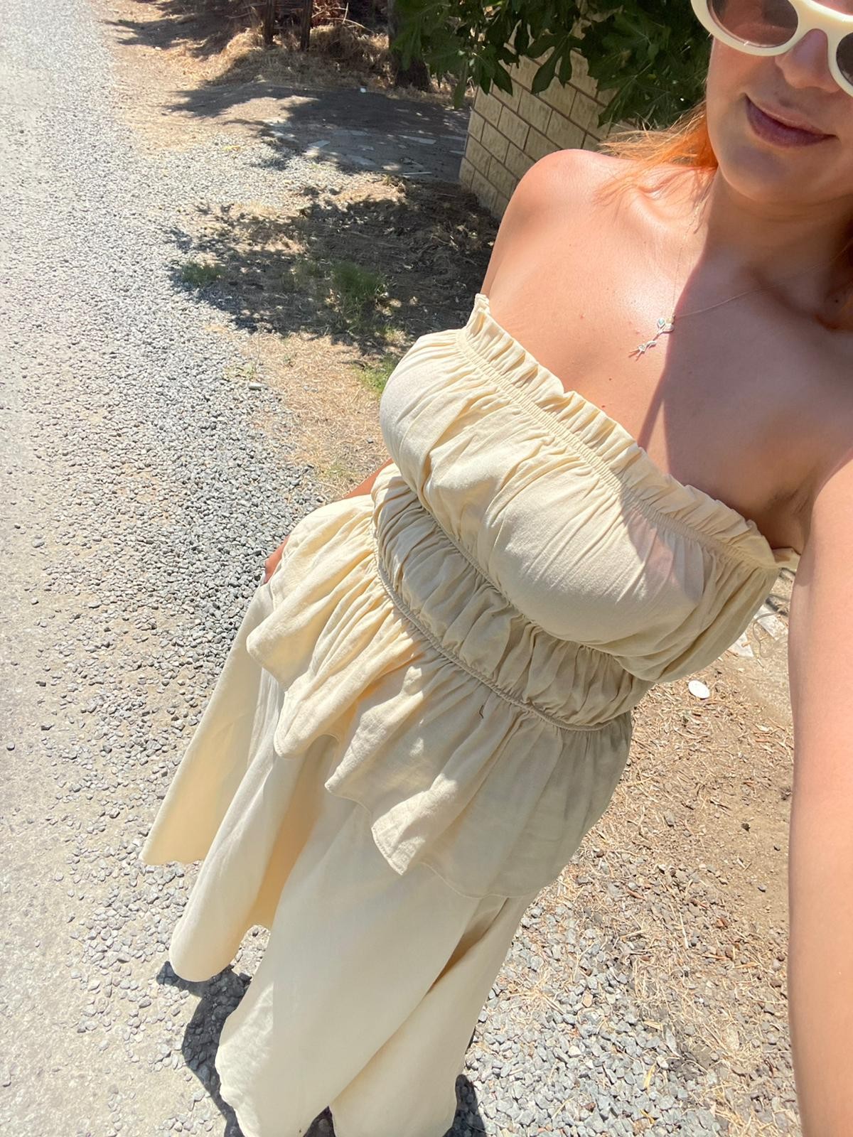 Butter Yellow Straplez Bluz Etek Keten Takım