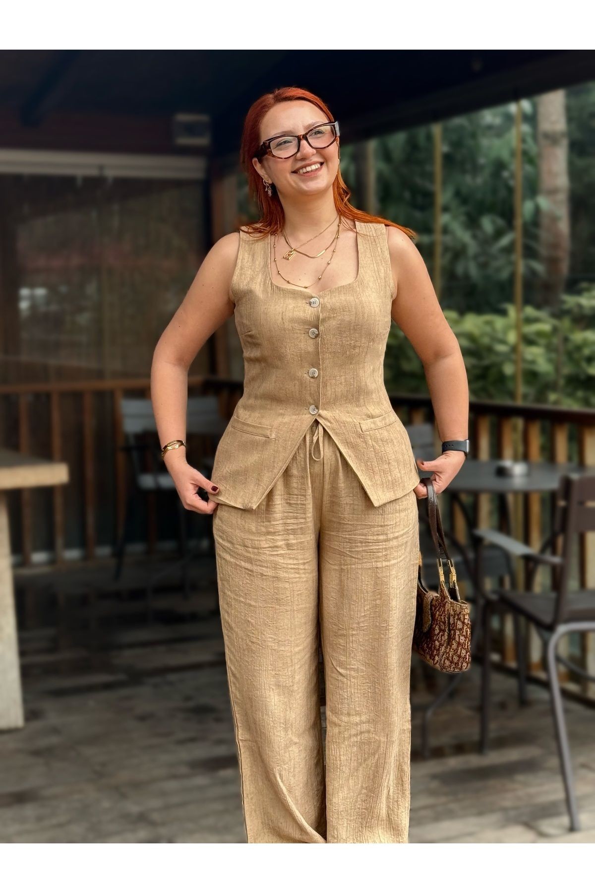 Kuşak Detaylı Kadın Yelek Pantolon Alt Üst Takım