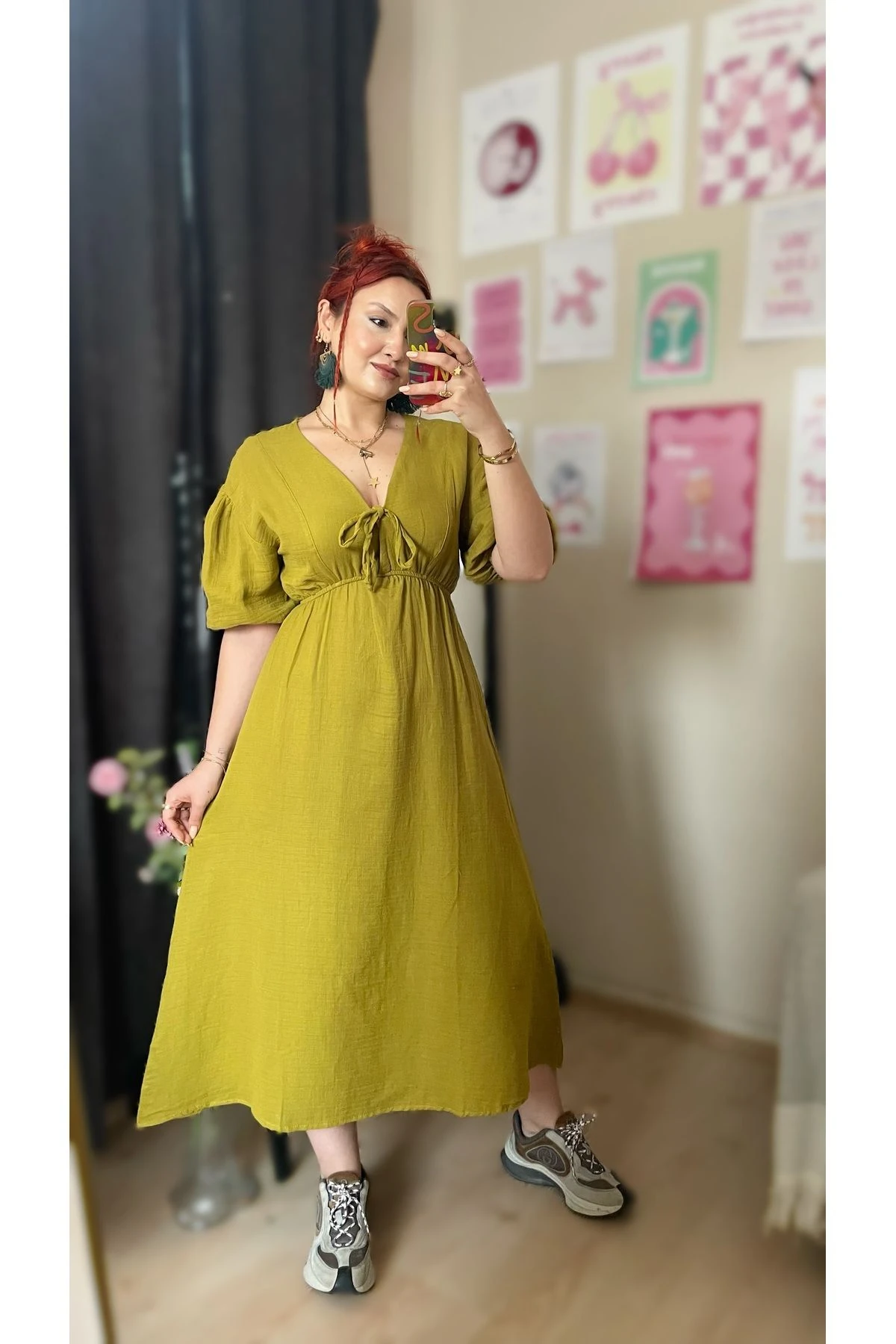 Müslin Kumaş Fiyonklu Elbise