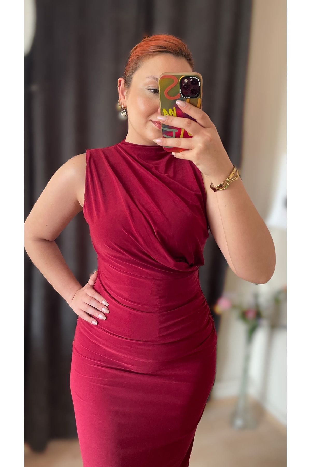 Drape Yaka Yırtmaçlı Astarlı Elbise