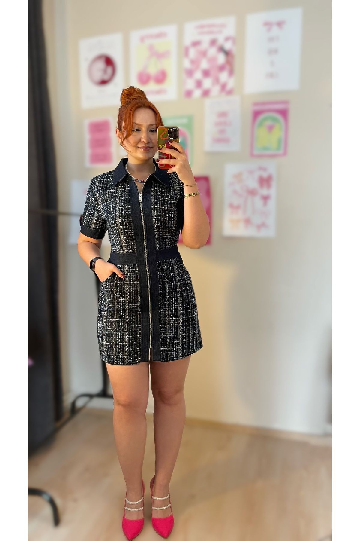 Tüvit Detaylı Kot Rengi Elbise