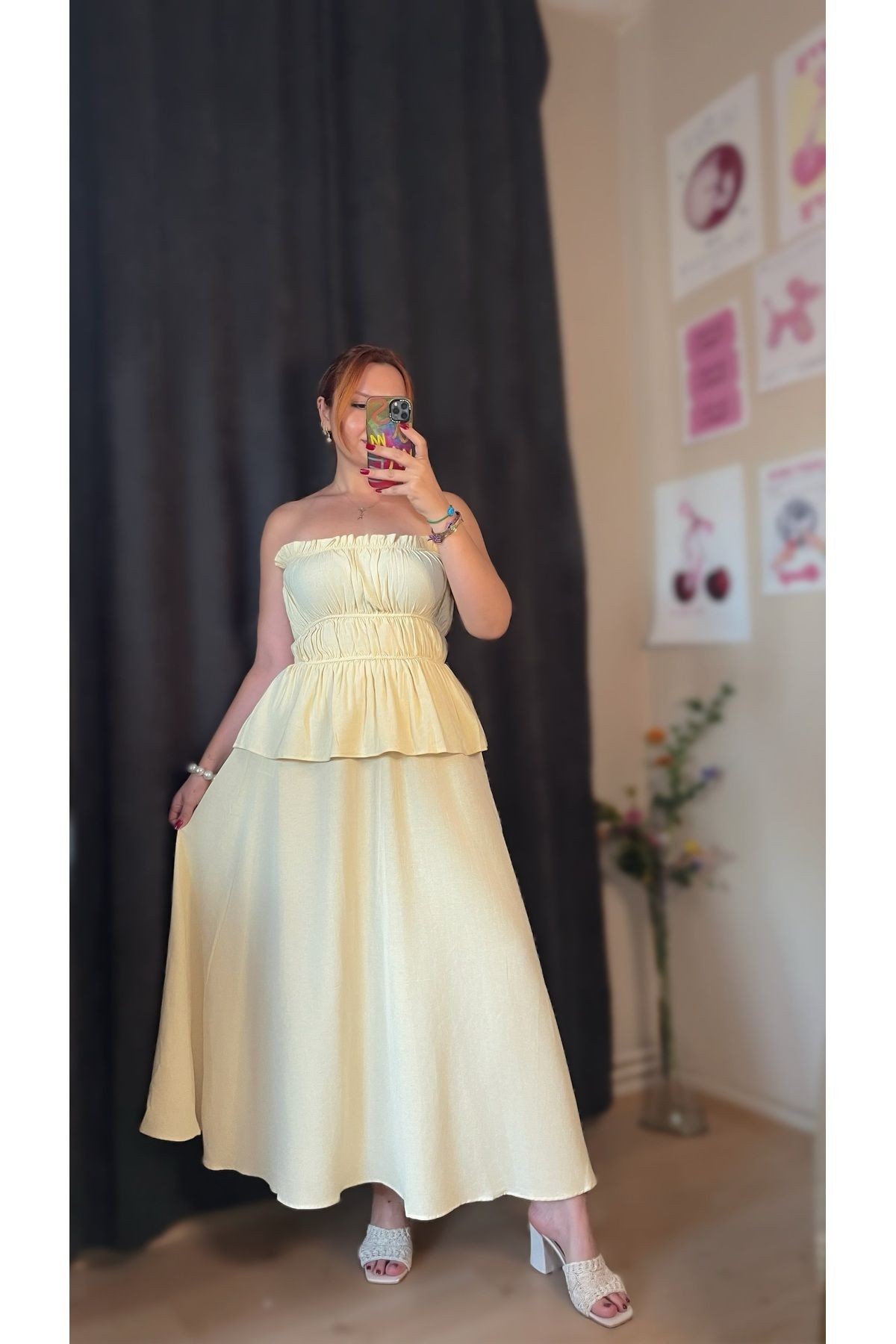 Butter Yellow Straplez Bluz Etek Keten Takım