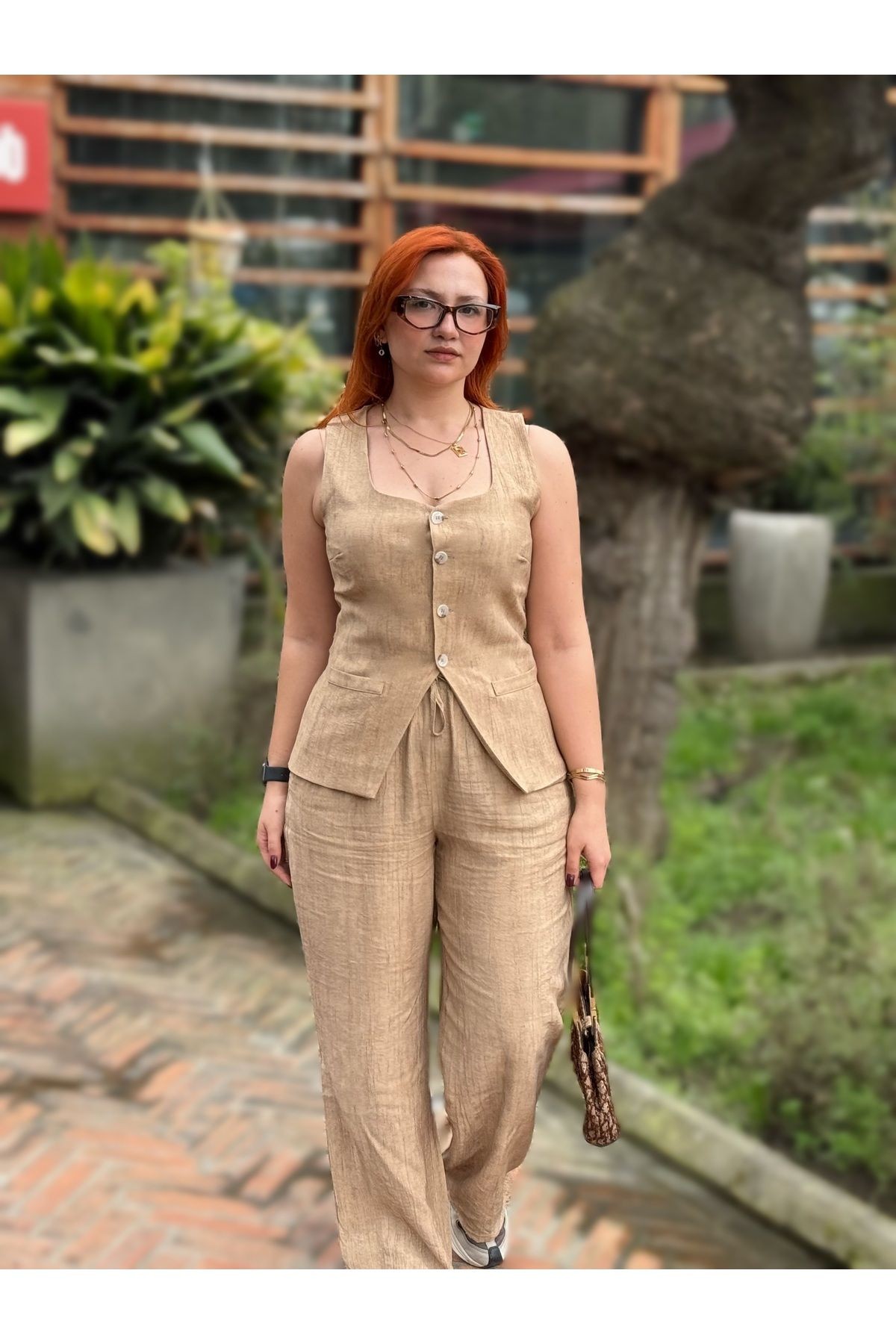 Kuşak Detaylı Kadın Yelek Pantolon Alt Üst Takım