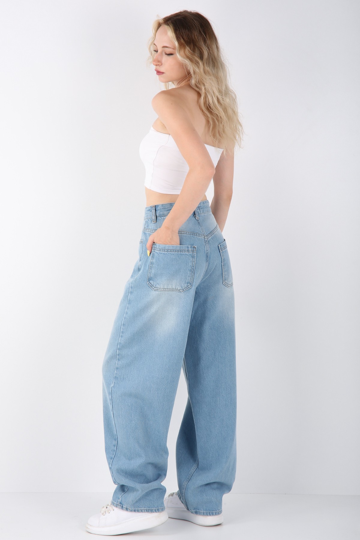Kadın Yüksek Bel Wide Leg Jean Pantolon - Açık Mavi Denim