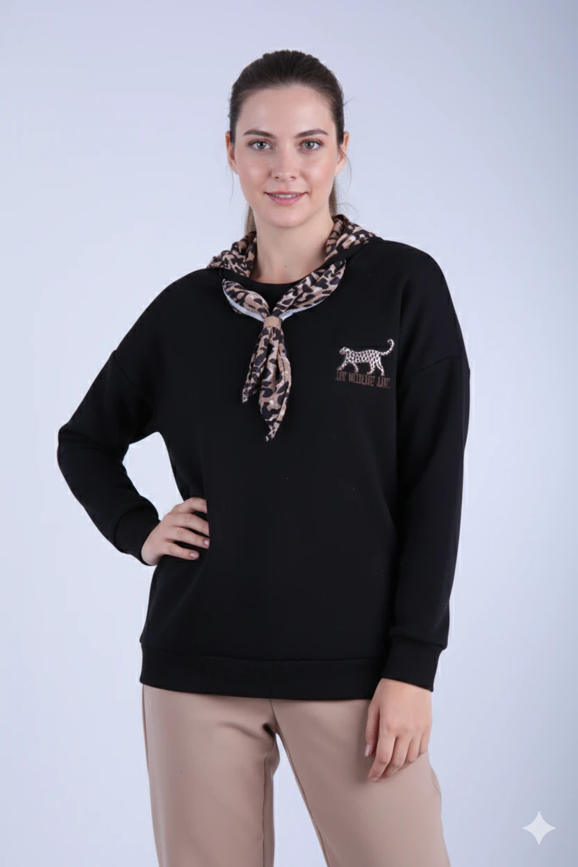 Leoparlı Fularlı Sweatshirt