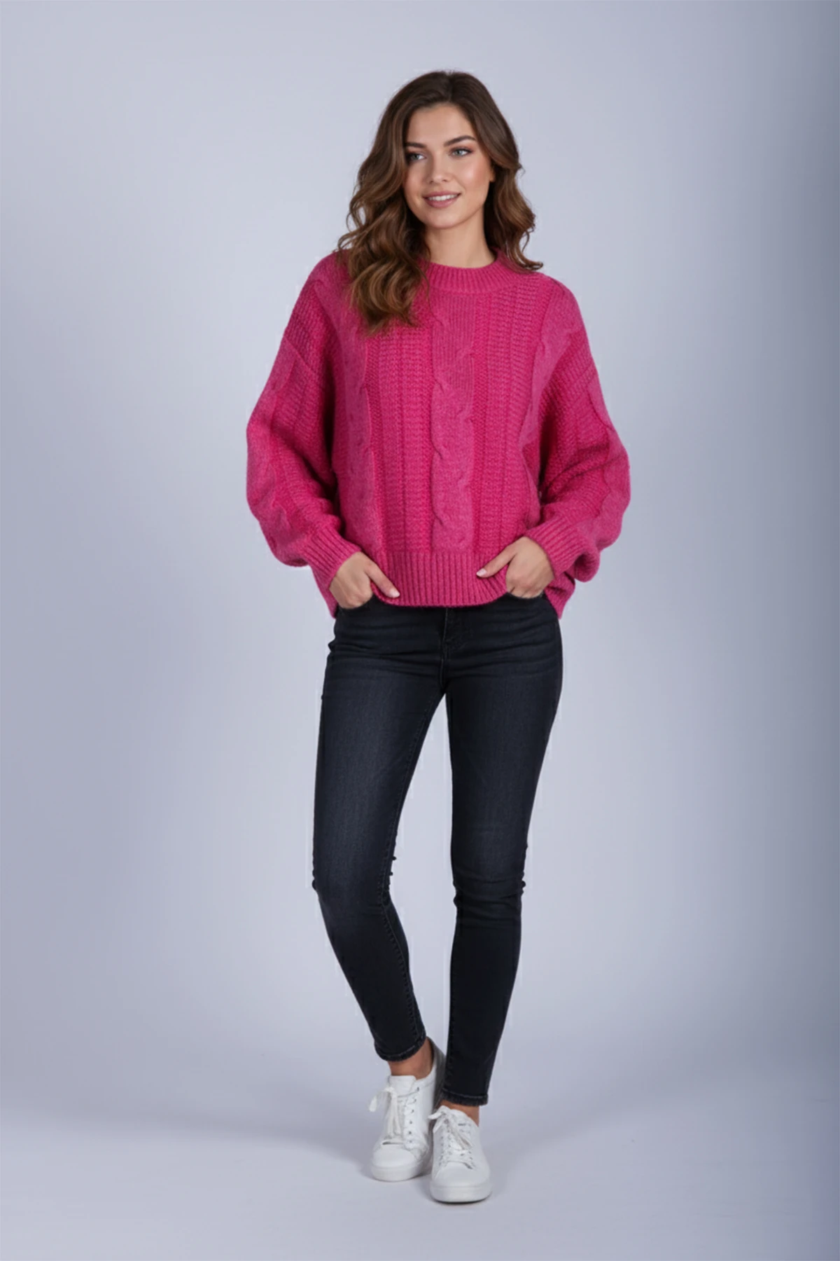 Kadın Oversize Bisiklet Yaka Saç Örgülü Yün Karışımlı Triko Örme Kazak