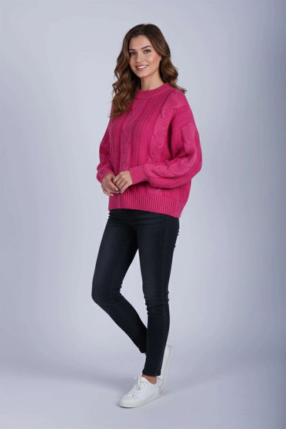 Kadın Oversize Bisiklet Yaka Saç Örgülü Yün Karışımlı Triko Örme Kazak