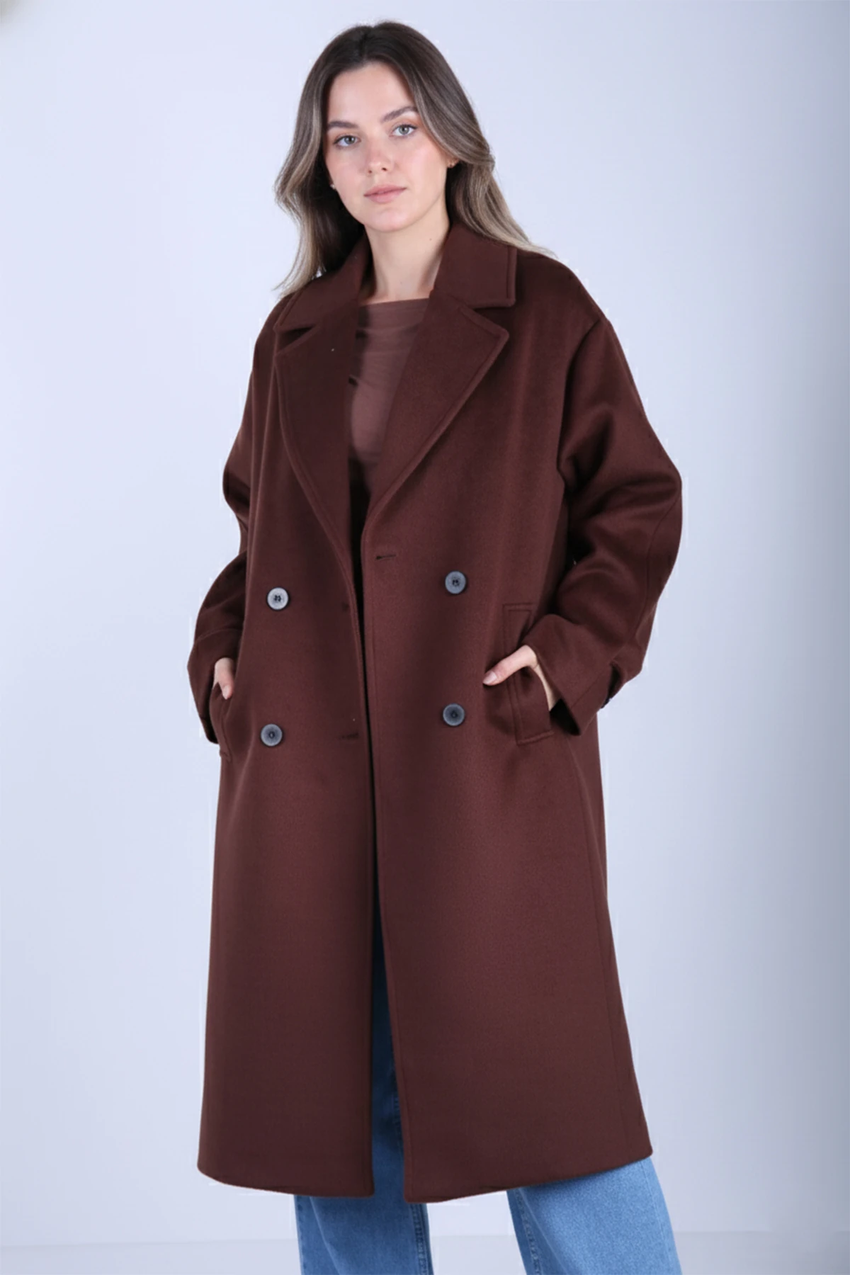 Kruvaze Yaka Kadın Kaşe Kaban