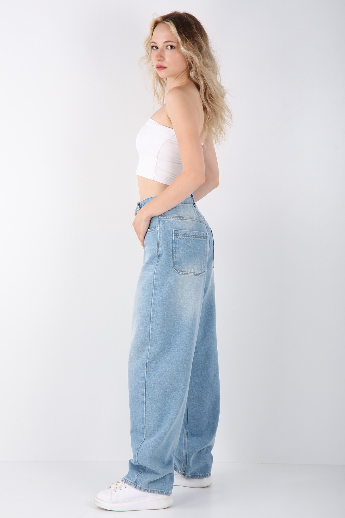 Kadın Yüksek Bel Wide Leg Jean Pantolon - Açık Mavi Denim