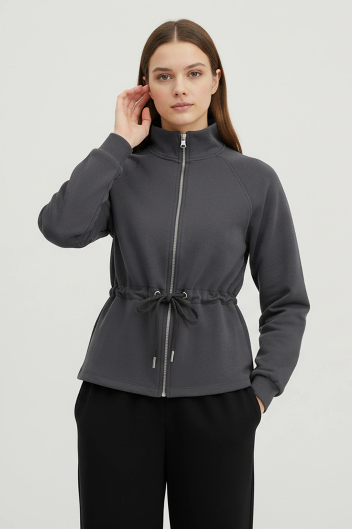 Kuş Gözü Detaylı Fermuarlı Sweatshirt