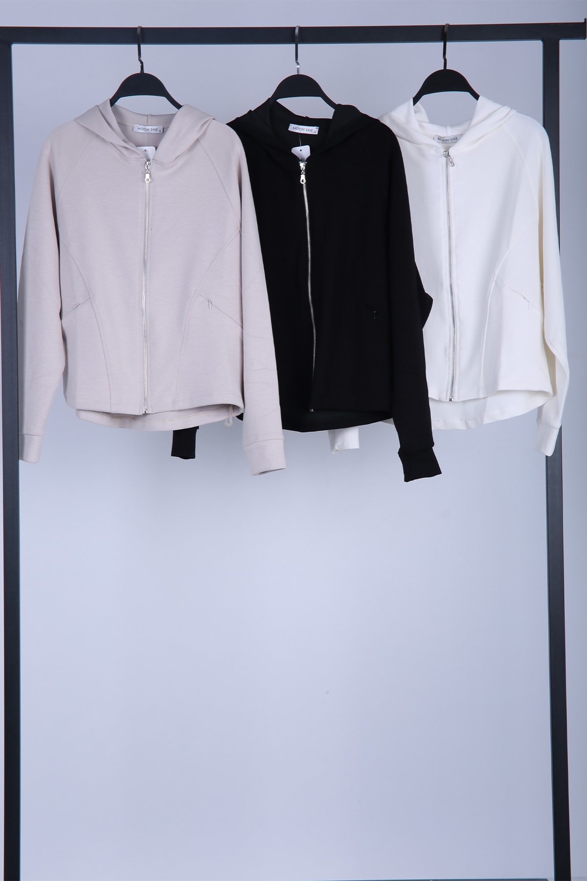 Rahat Kalıp Gizli Fermuarlı Kapüşonlu Sweatshirt