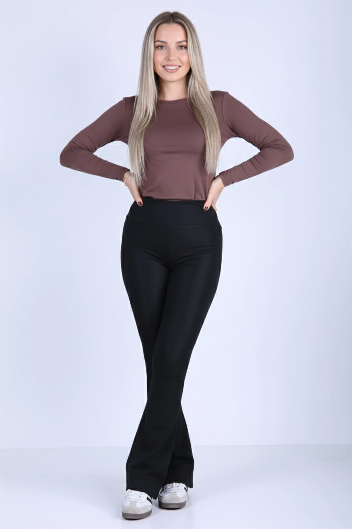 Kadın Yüksek Bel İspanyol Paça Şardonlu Dalgıç Kumaş Tayt