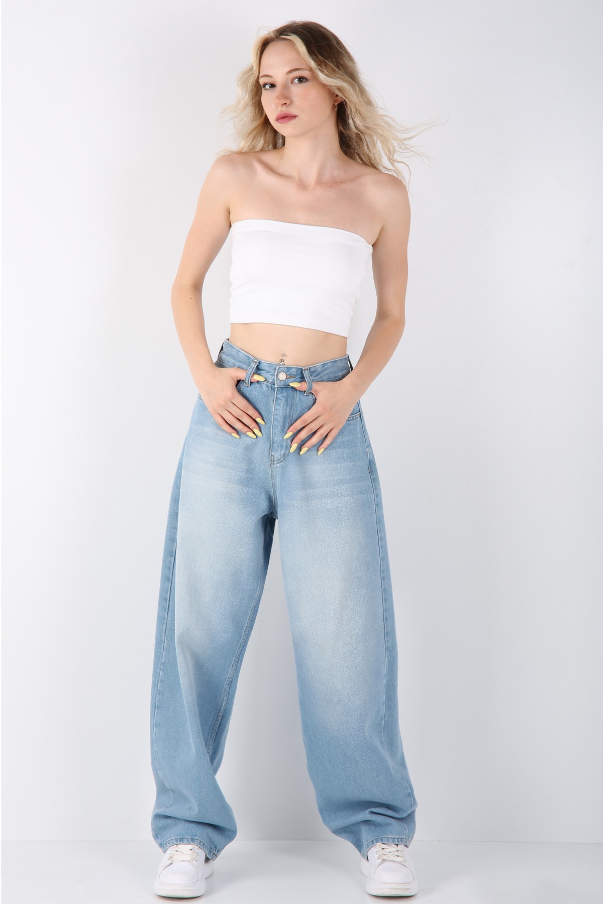 Kadın Yüksek Bel Wide Leg Jean Pantolon - Açık Mavi Denim