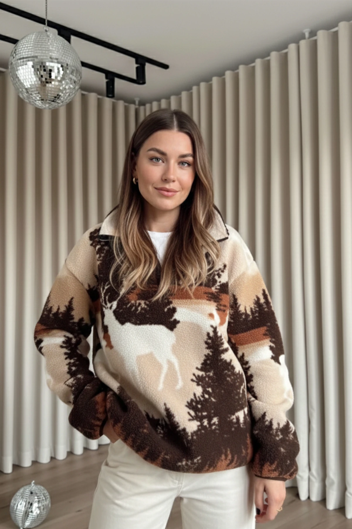 Yarım Fermuarlı Oversize Peluş Sweatshirt